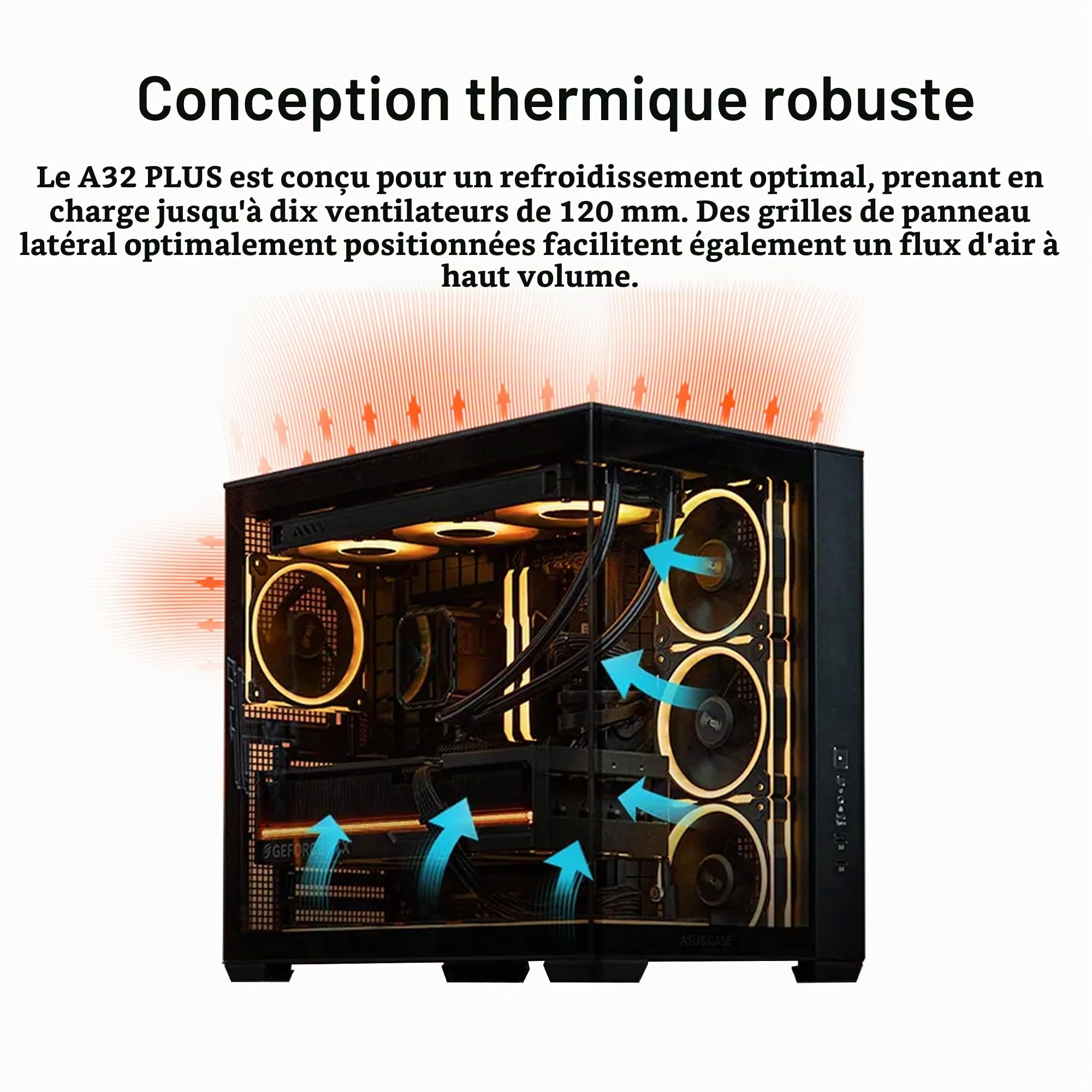 ASUS A32 Plus ATX (radiateurs de 360 mm et Cartes Graphiques de 420 mm, Quatre Ventilateurs ASUS Prime Mr 120 ARGB préinstallés, Gestion des câbles soignée)
