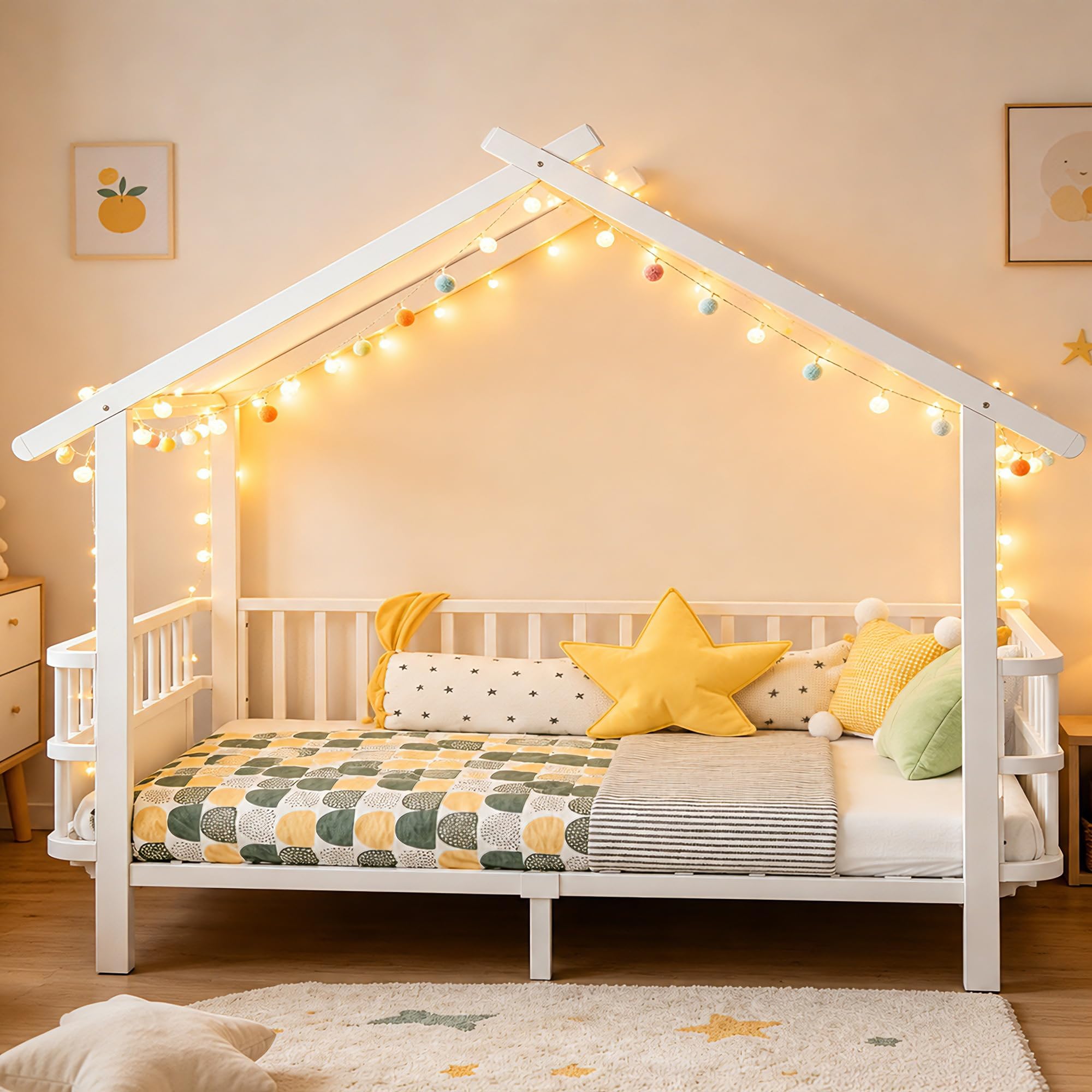 Merax Kinderbett aus Metall in Hausform 90x200 cm mit Sicherheitsgitter & Dachdesign – Weiß (Ohne Matratze)
