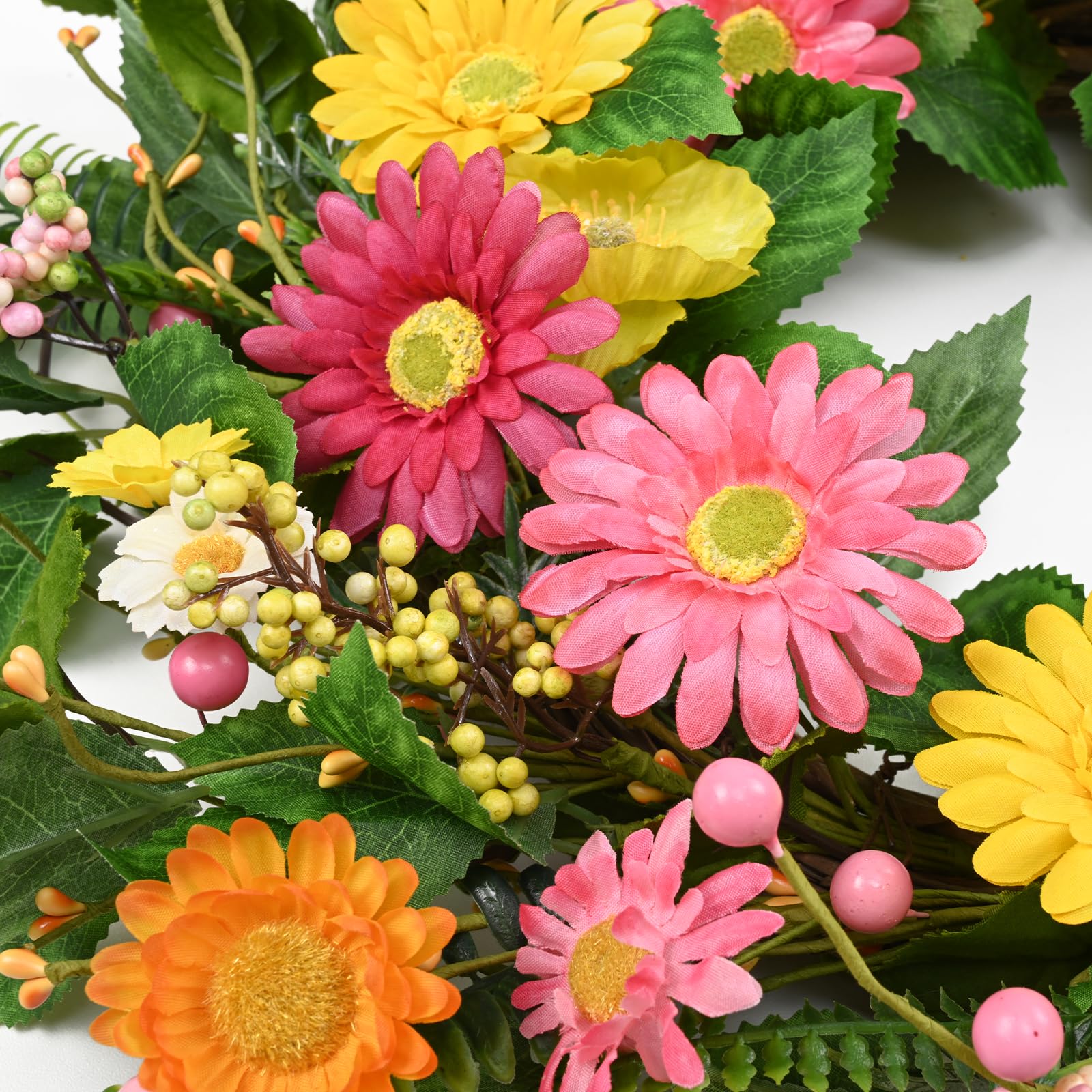 Waipfaru Spring Wreaths for Front Door, 22'' Summer Front Door Wreath with Daisy Flowers & Greenery Leaves, Pink Wreath for Indoor & Outside All Season, Porch Patio Wall Decor