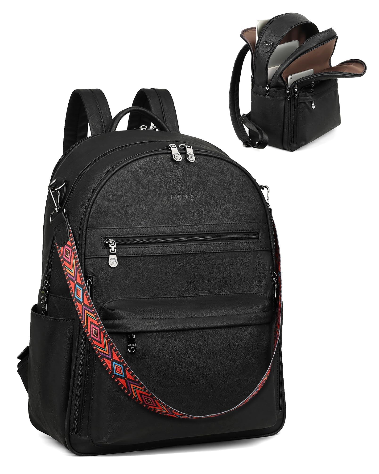 FADEON 15.6 inch Laptop Backpack Purse for Women Designer PU Leather Computer Backpacks Fashion for Work Travel Black