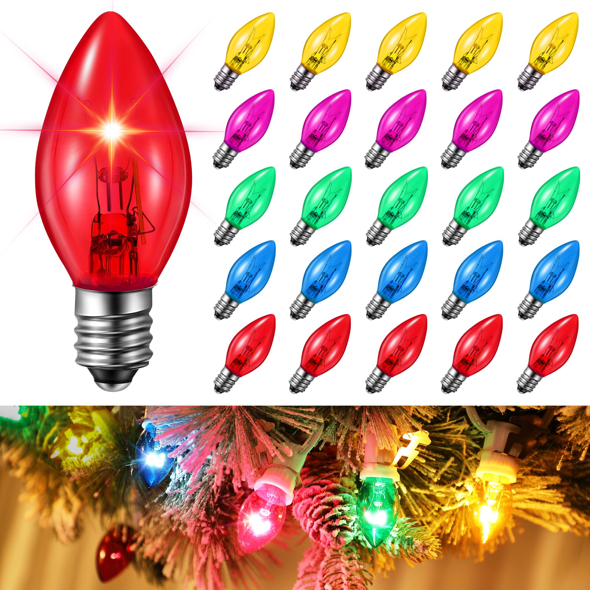ElectricWise 25 Pack Twinkle Christmas Replacement Bulbs, 7W Random Blinking Light Bulbs for Christmas String Light, Nightlights (Colorful,C7,E12 Intermediate Base)