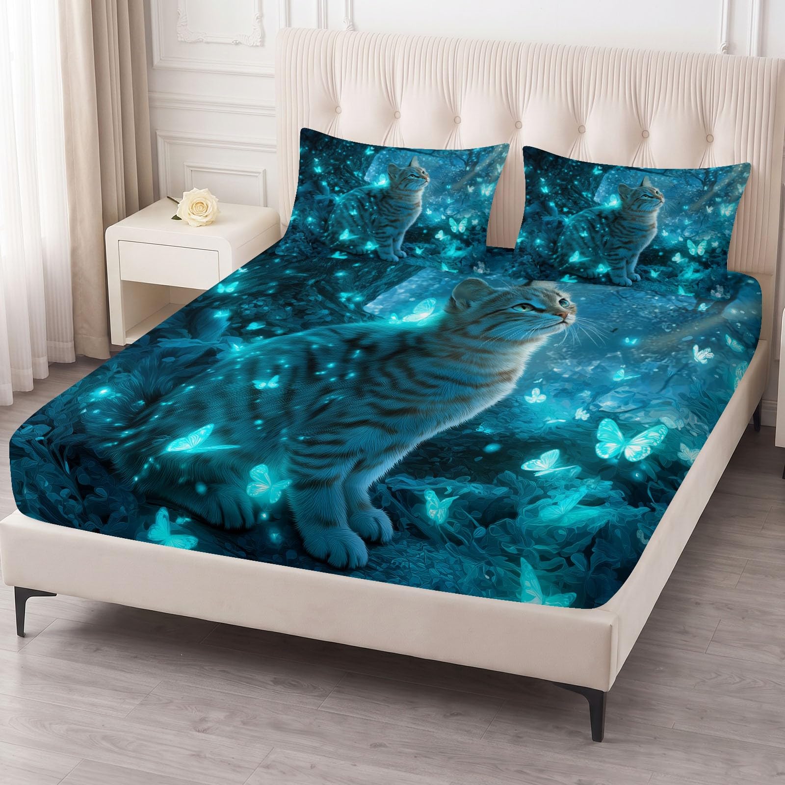 Juego de sábanas bajeras de 3 piezas, 180 x 200 cm, diseño de gato y mariposa, de microfibra, diseño de animales de fantasía, suave, transpirable, hipoalergénica, para colchones de hasta 30 cm de