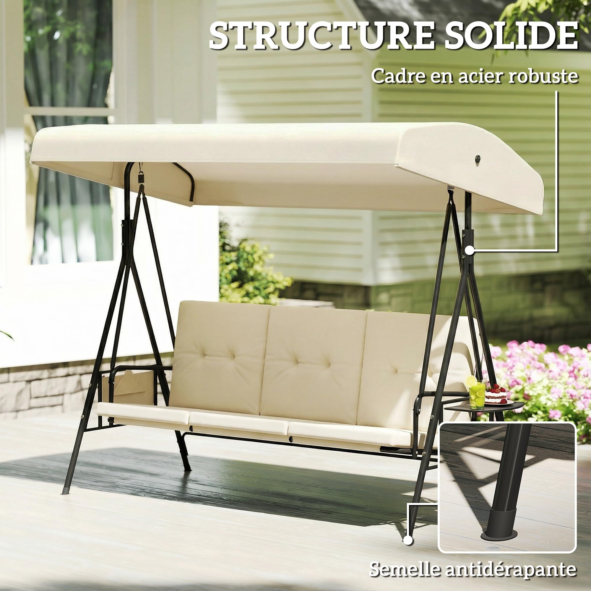 Outsunny - Balancín de jardín (3 plazas, gran comodidad, inclinación, techo ajustable, 2 estantes laterales, cojines, acero poliéster, crema