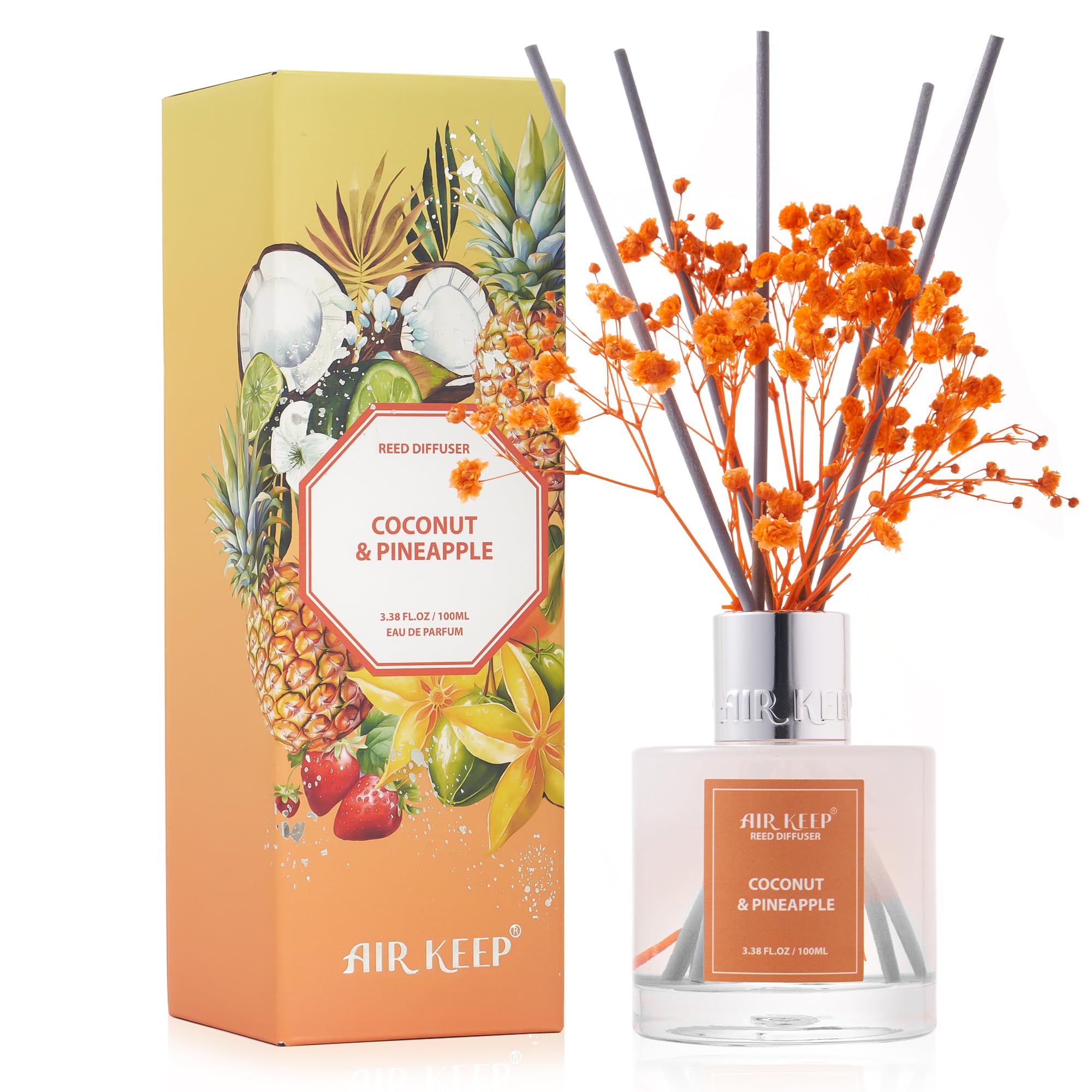 Airkeep Reed Diffuser Set,3.38 fl oz (100 ml) - Coconut&Pineapple Oil Diffusers with 8 Reed Sticks, Home Fragrance Reed Diffuser for Bathroom Shelf Decor