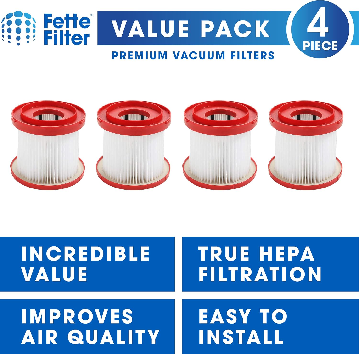 Fette Filter- 4 HEPA Wet Dry Vacuum Filter Compatible with Milwaukee 49-90-1900 for Gallon Wet/Dry Vacuum M18 2 Gallon (0880-20), M12 FUEL 1.6 Gallon (0960-20), M18 FUEL PACKOUT (0970-20). 4 Pack