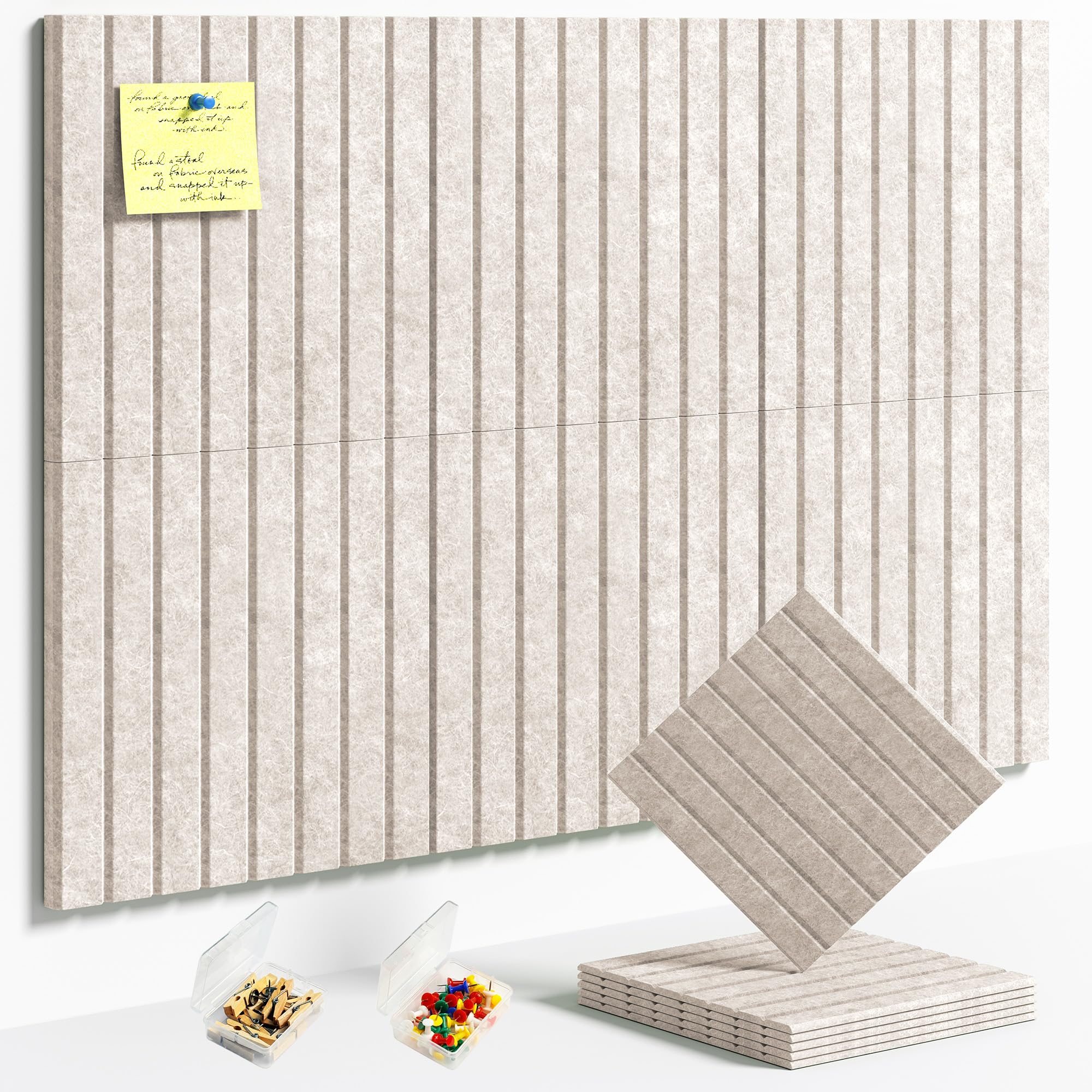 HyFanStr Felt Slatted Bulletin Board, 9mm Extra Thick Pin Board for Walls, 90 x 60 cm-6 Pack Large Cork Board Alternative with Nano Adhesive Hardware for Home Office Kitchen School Decor