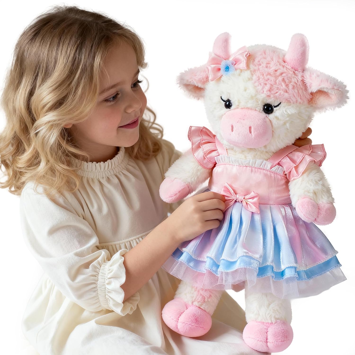 19" Big Cow Stuffed Animal, Large Plush Toy Wearing a Pink Dress, for Babies,Girls on Christmas or Valentine's Day