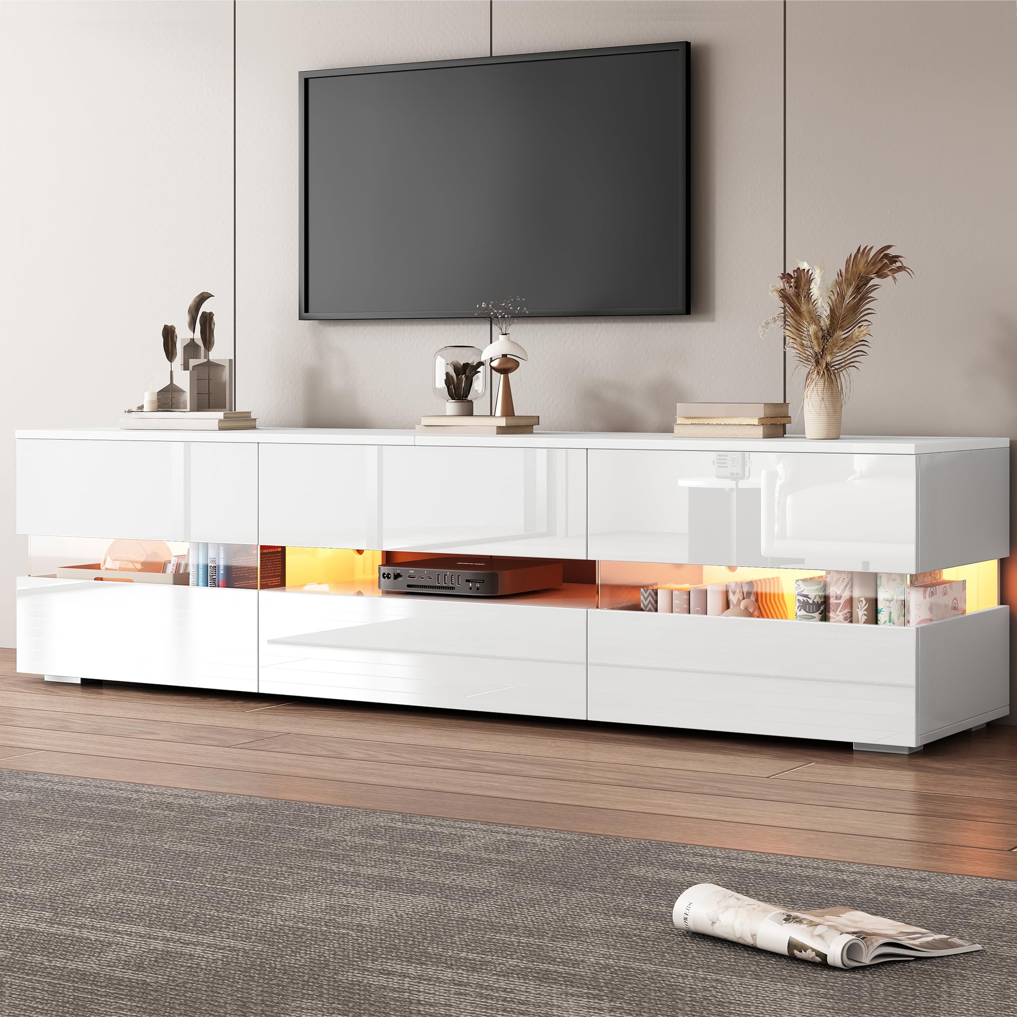 okwish TV-Schrank mit LED & Stauraum, Weiß Hochglanz 160 x 39 x 45 cm