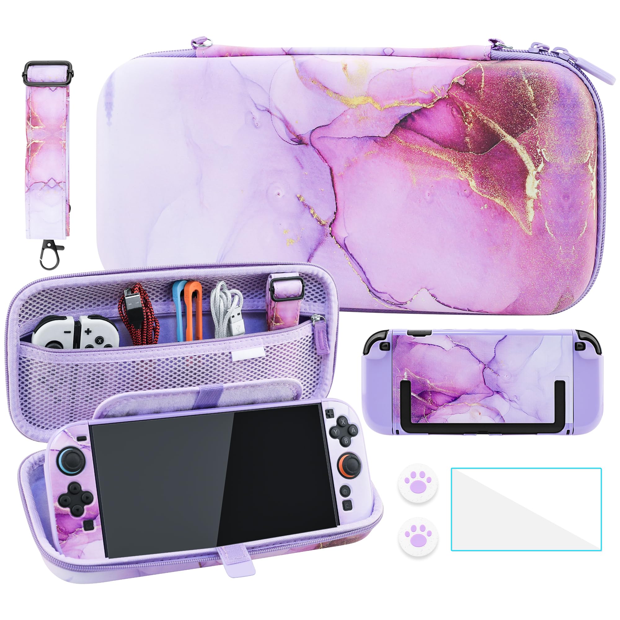 FANPL Custodia carina per Nintendo Switch 2, custodia da viaggio per Switch 2 con pelle rigida glitterata, cinturino regolabile, pellicola proteggi schermo, tappi per impugnatura per pollice (marmo