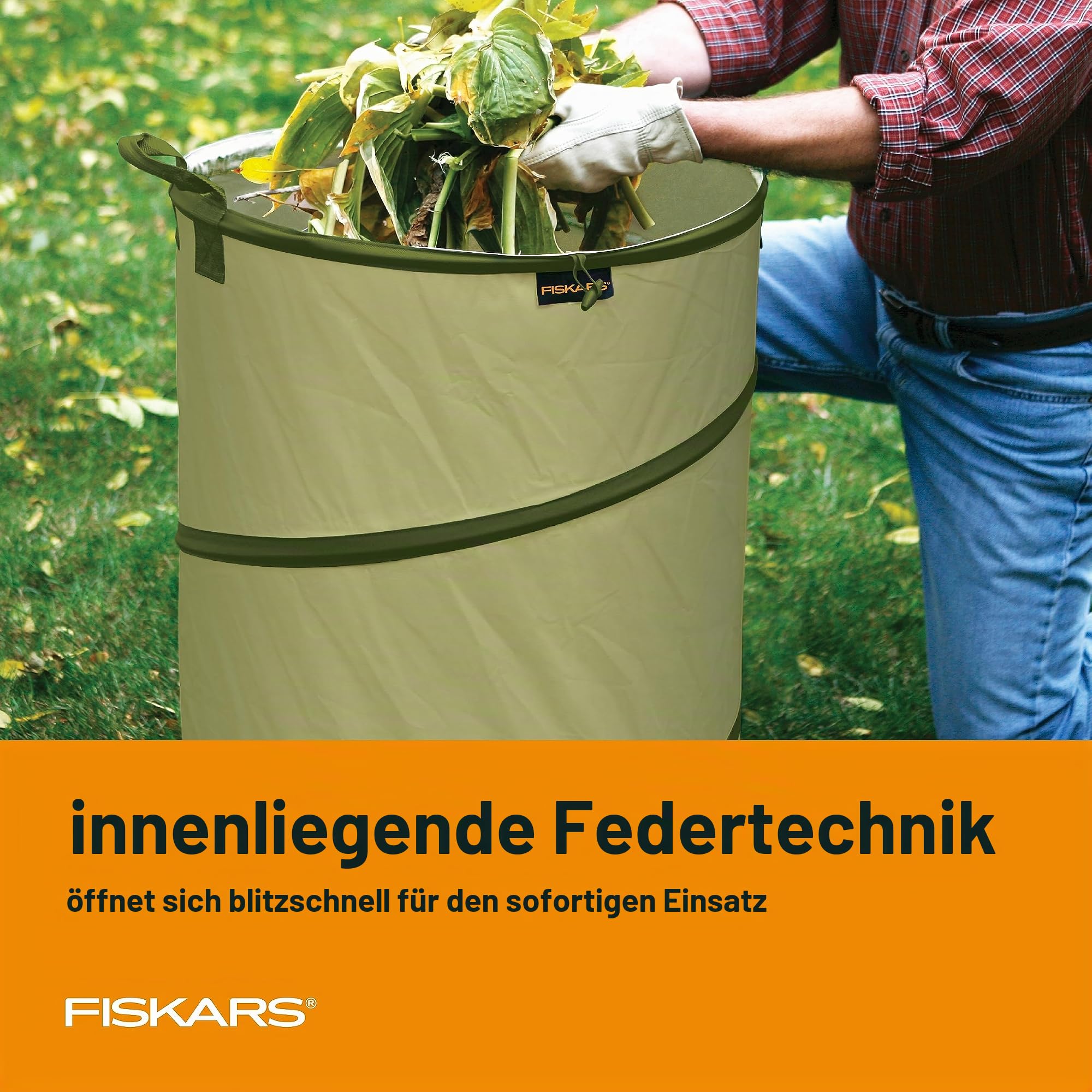 Fiskars, Kangaroo, faltbare Gartentasche mit robuster HardShell-Basis für Gartenabfälle, 114 Liter – wiederverwendbarer Behälter für Rasenpflege und Gartenarbeit