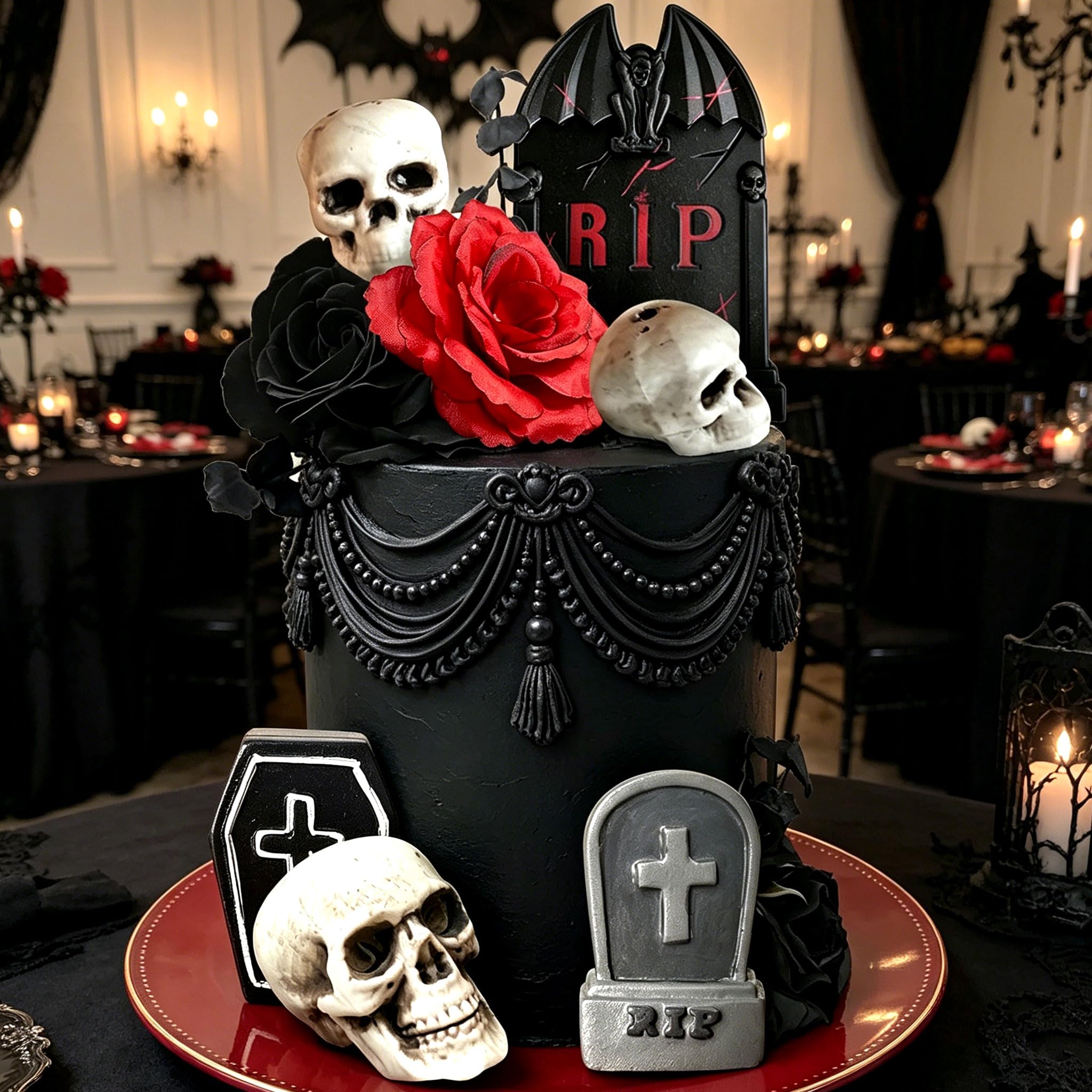 LaVenty Black Red Gothic Cake Decorations Rose Rip Death Cake Toppers