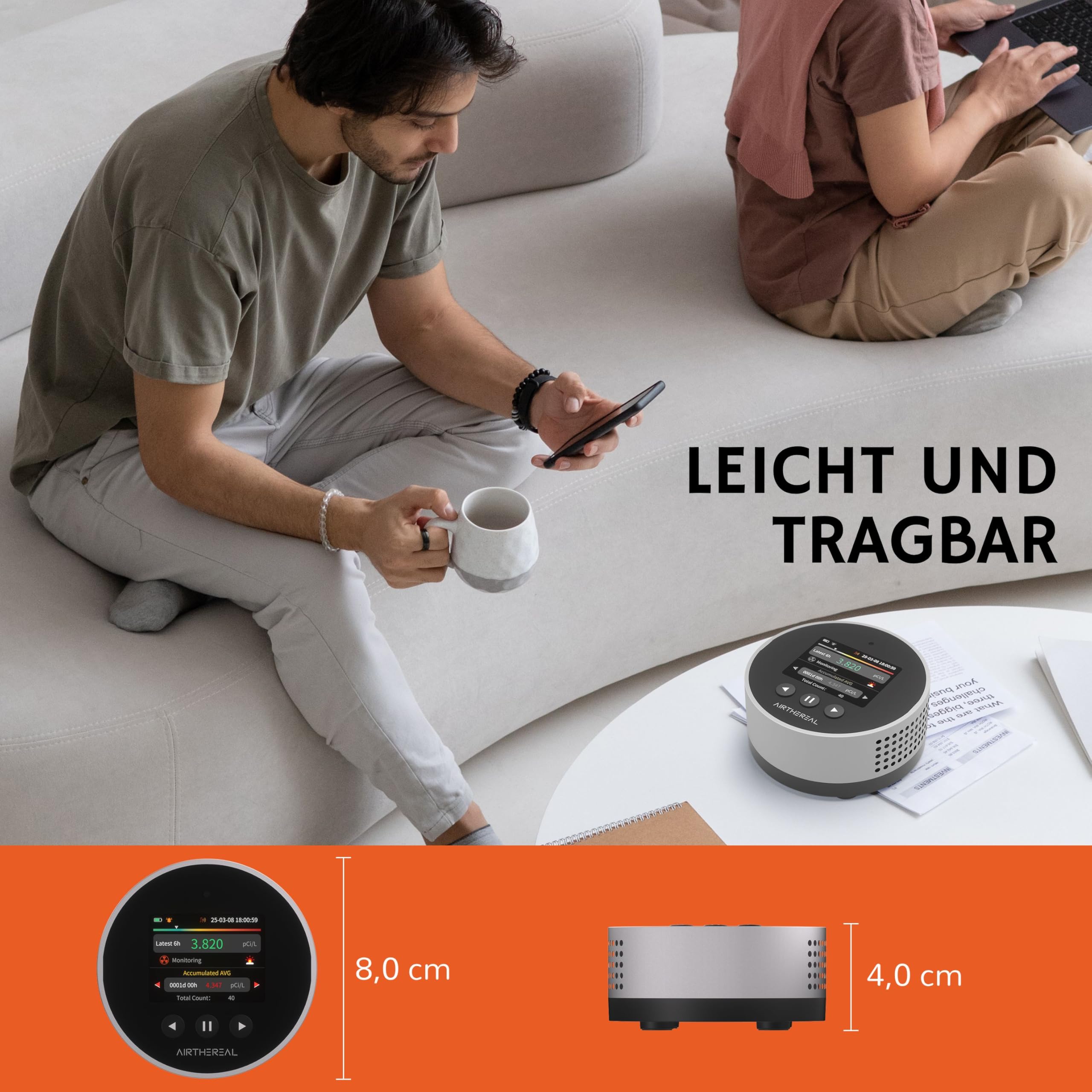 Airthereal Radonmessgerät Tragbar RM63 – Radon-Detektor für Haus & Keller, 504 Tage Langzeit-Datenspeicher, LCD-Farbdisplay, Schnelle 6-Std.-Ergebnisse, Lange Batterie, akustischer & visueller Alarm