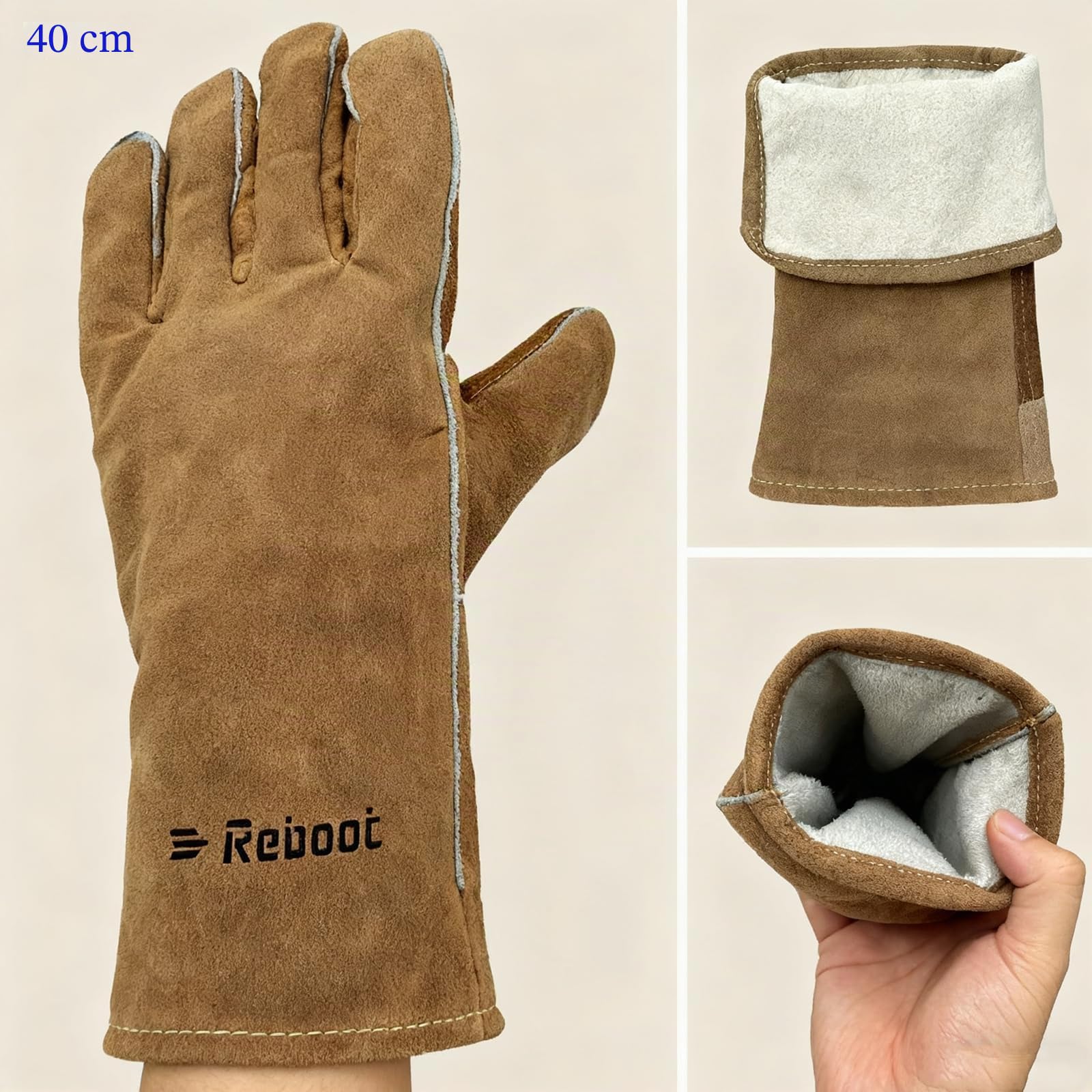 Reboot Gants de Soudage Résistants à la Chaleur Anti-Feu - Pour Brûleurs à Bois, Cuir Fendu de Vache, Gréeur, Barbecue, Four à Bois - 16"