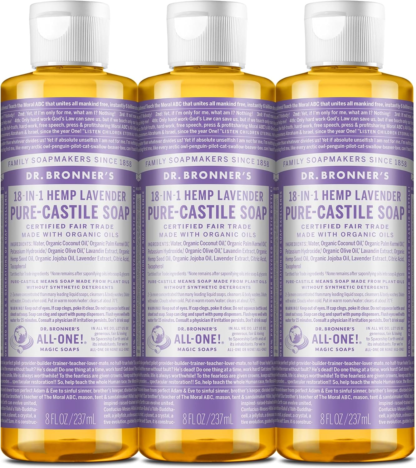 Dr. Bronner's Pure Castile Liquid Soap 3 Pack Organic Oils For Skin, Face, & Body Hemp