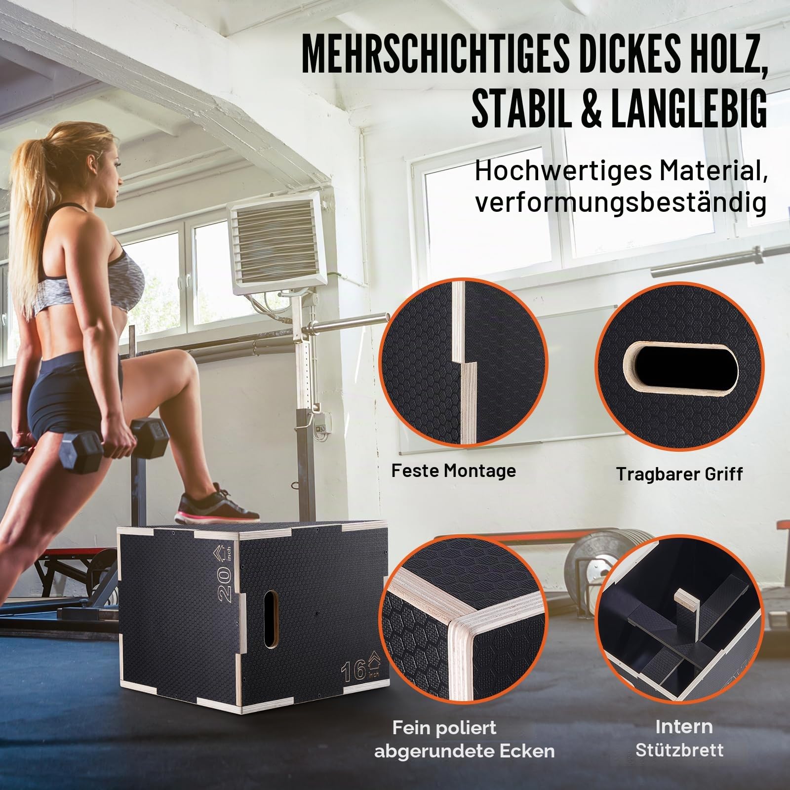VEVOR 3 in 1 Plyometrische Sprungbox Holz Plyo Box Plattform & Jumping Agility Box Anti-Rutsch Fitness Übung Step Up Box für Home Gym Training Konditionierung Krafttraining Mehrere Größen Schwarz