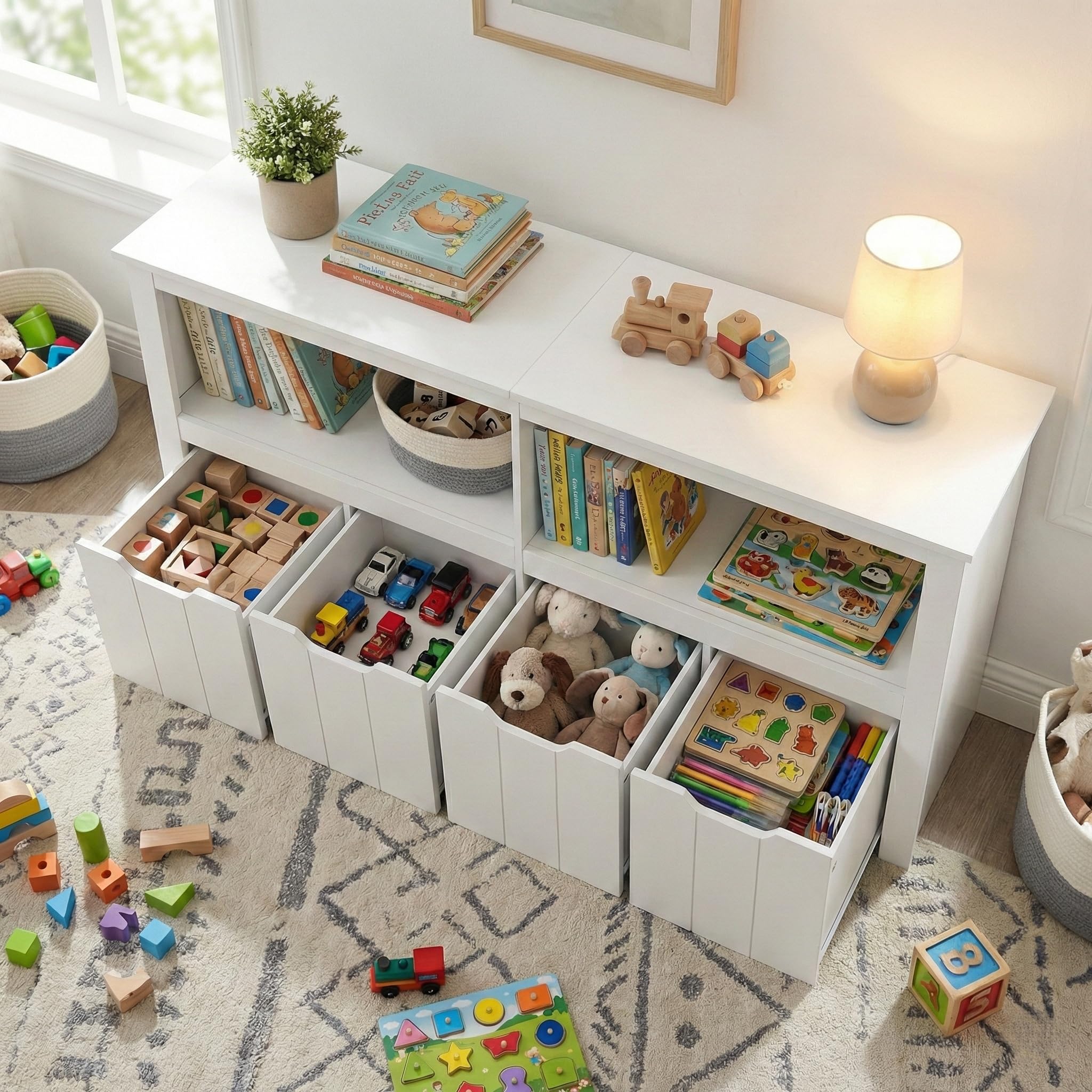 Kinderregal Spielzeugregal mit Boxen,Kinderzimmer Regal Kinder Bücherregal mit Kinderkommode,Spielzeug Organizer Weiß,Kinderschrank Kinder Kommode Möbel mit 3 Aufbewahrungsboxen für Kinderzimmer