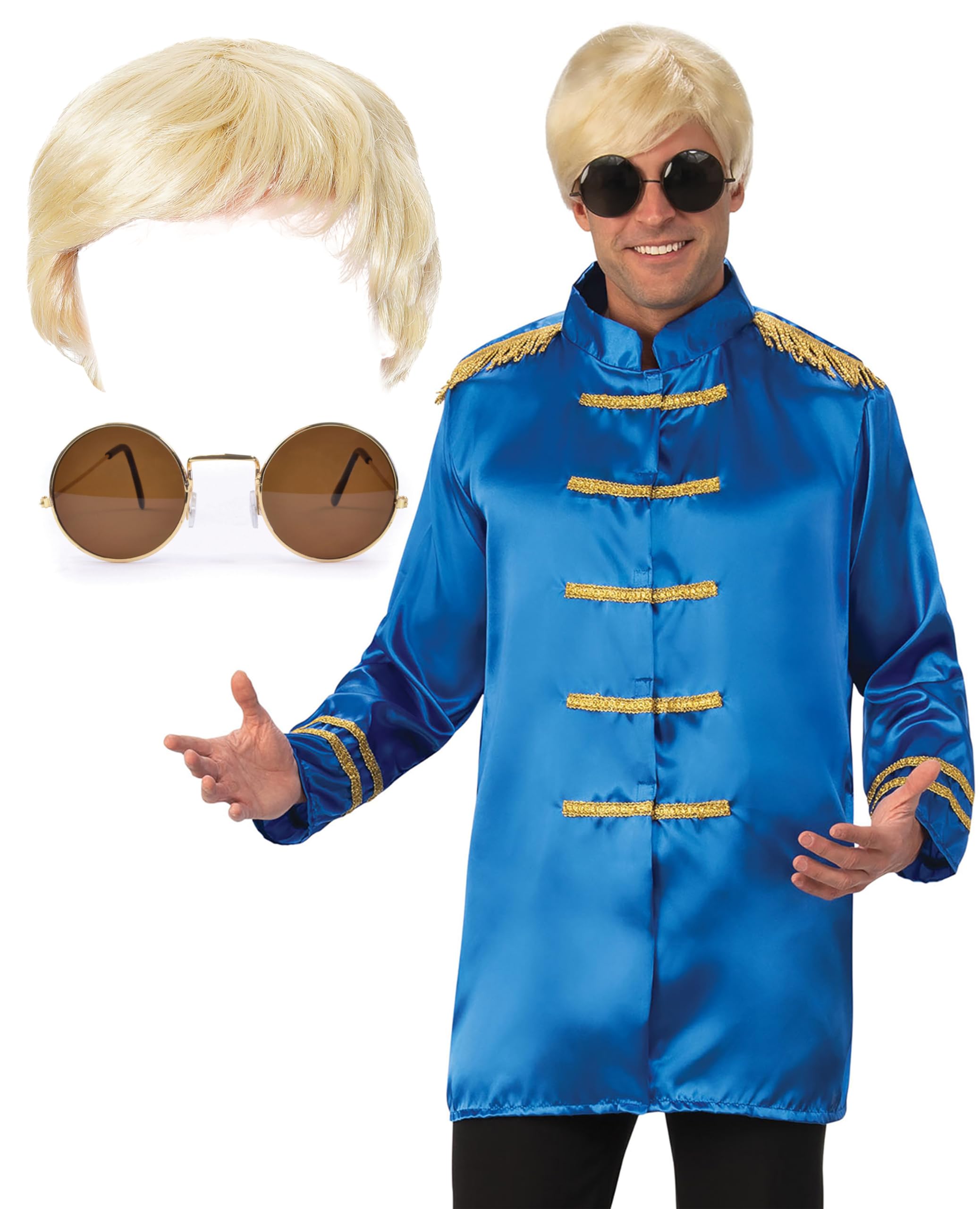 Bella Dox Adult 60s 70s Sergeant Costume - SGT Pepper Budget Jacket + Blonde Wig + Lennon Glasses, Hippie Music Star 1960s Halloween Theme Party Fancy Dress for Men & Women