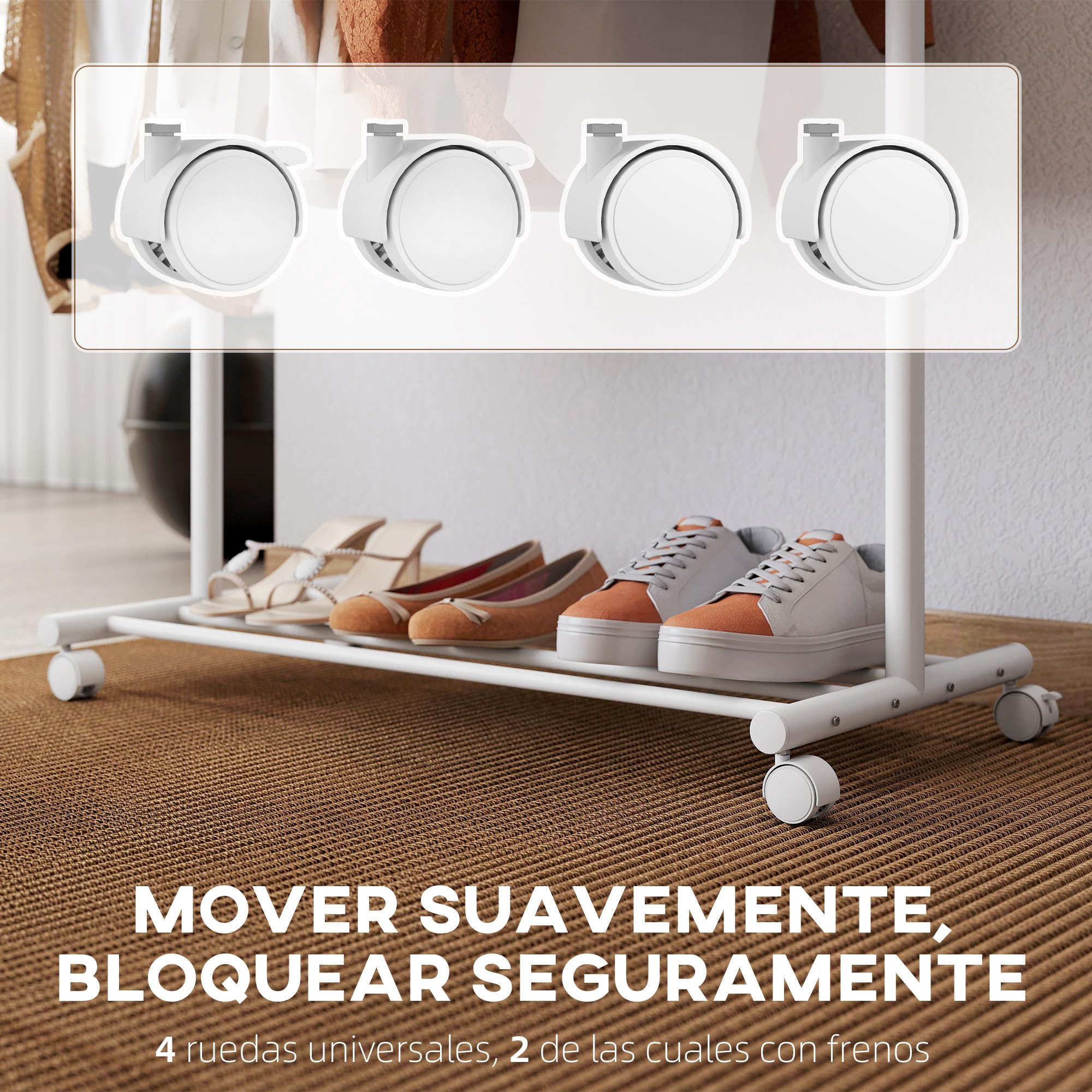 HOMCOM Burro Ropa con Ruedas, Perchero Burro Ropa con 5 Ganchos Barra para Colgar y Balda Inferior Perchero para Recibidor, Entrada, Dormitorio, 86x43x171 cm, Blanco