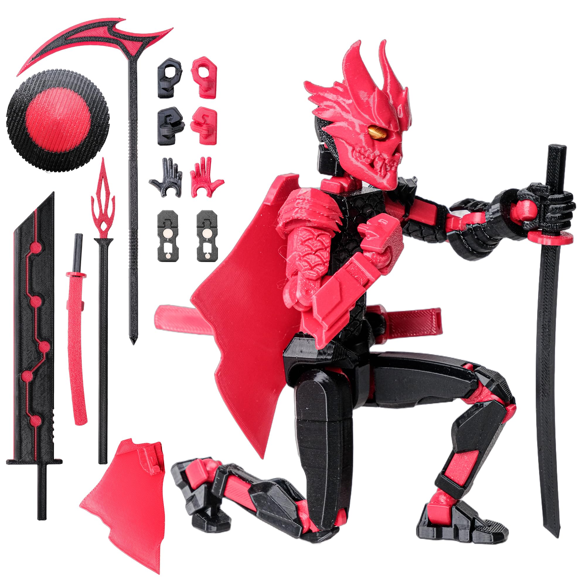 (Assembly Completed Dummy 20 Action Figure, 8.1 inches, Strong Magnetic Accessories, 10 in 1, 3D Printed Robot Multi-Jointed Movable，Oni Warrior Series， Black&Red