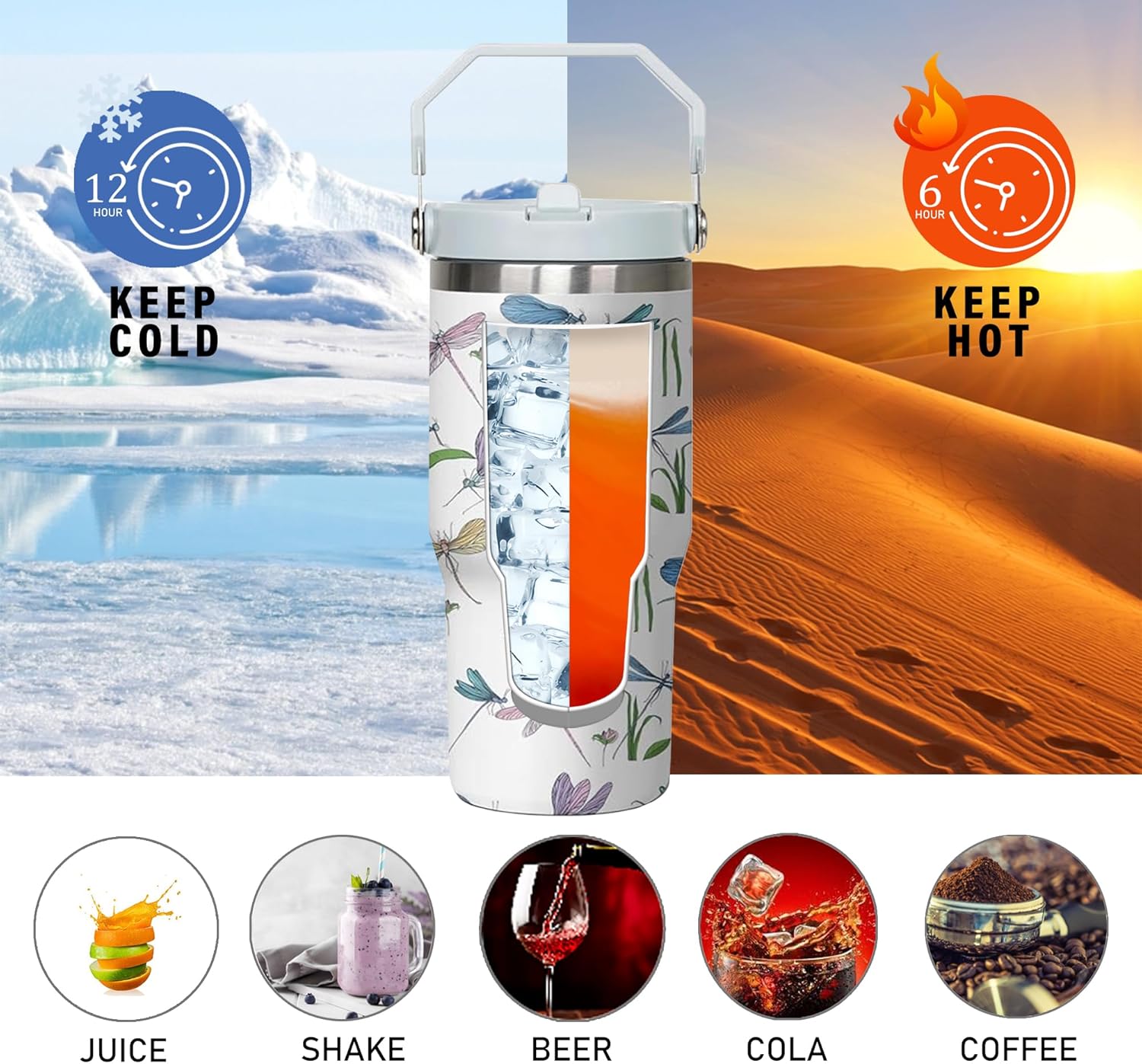 30 oz Dragonfly Tumbler with Handle and Flip Straw, Stainless Steel Insulated Cup with Lid and Straw,Travel Coffee Mug Water Bottle,Christmas Birthday Mothers Day Gifts for Women Animal Lovers - Image 4