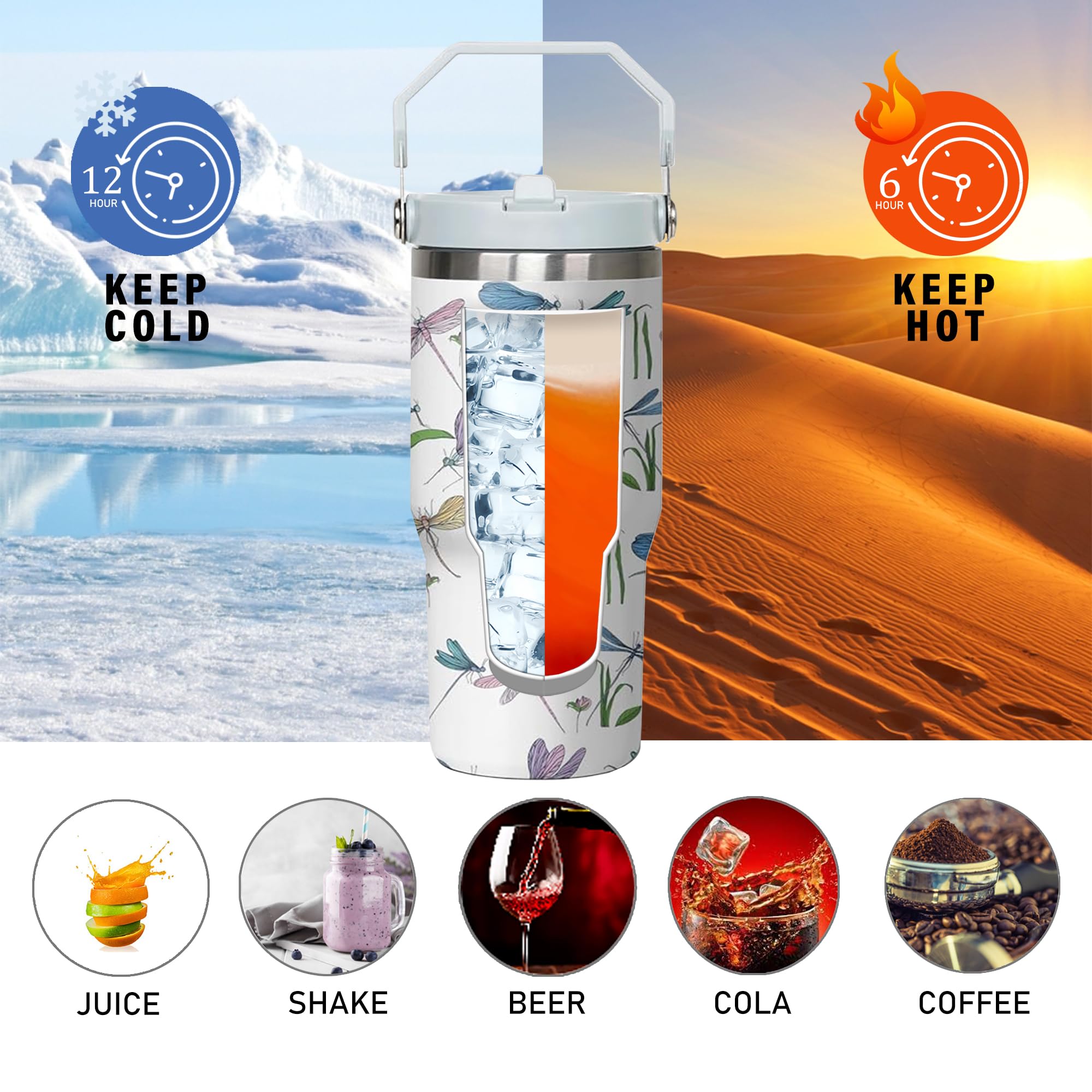 Gobelet à Motif Floral De 887 Ml Pour Femme Avec Poignée Et Paille, En Acier Inoxydable Isotherme Sous Vide, Tasse D'eau Glacée Pour Café, Voyage