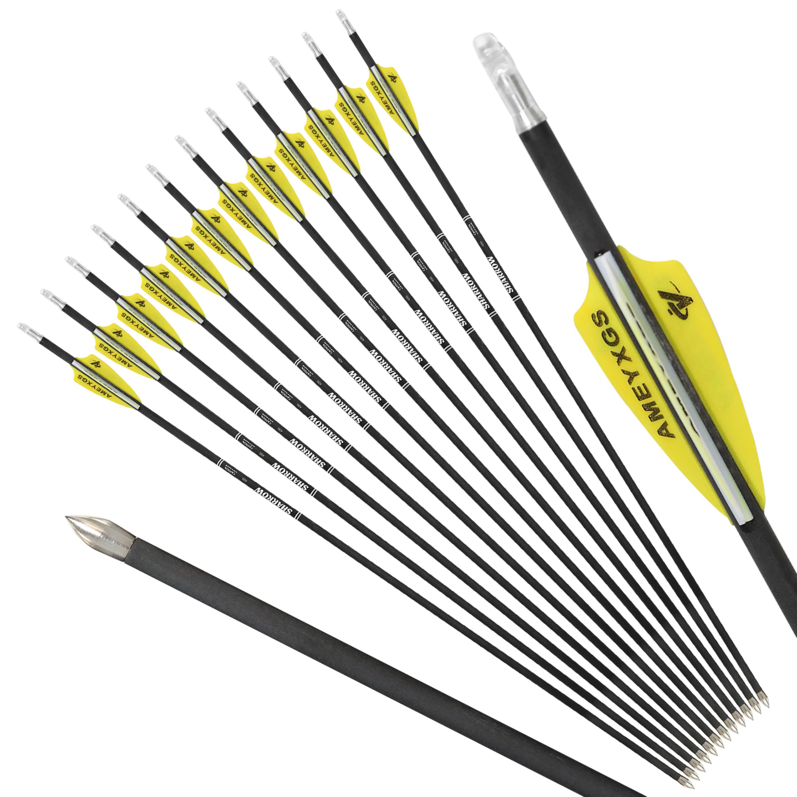 Poearcus Archery 32 inch Pure Carbon Arrow 800 Spine Hunting Arrow for Recurve Bow Compound Bow (12, Yellow)