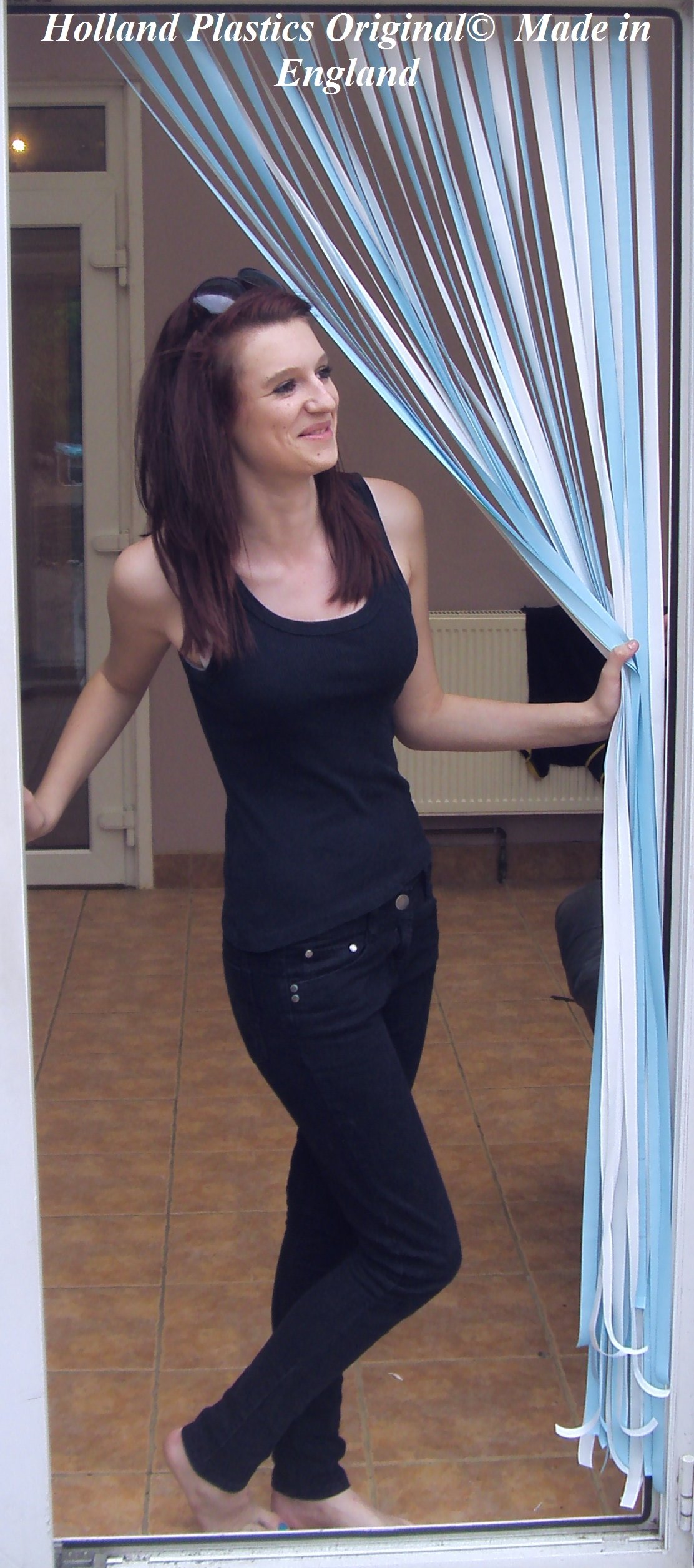 Heavy Duty Bug Blind,Strip Blind-90cm wide- Complete with self adhesive fitting hooks for Plastic Door frames- Largest available from drop down menu (SKY BLUE & WHITE)