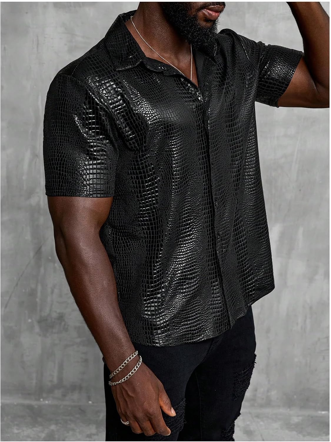 WDIRARA Men's 70s Disco Top Crocodile Pattern Button Down Shirt Short Sleeve Rave Party PU Leather T Shirt