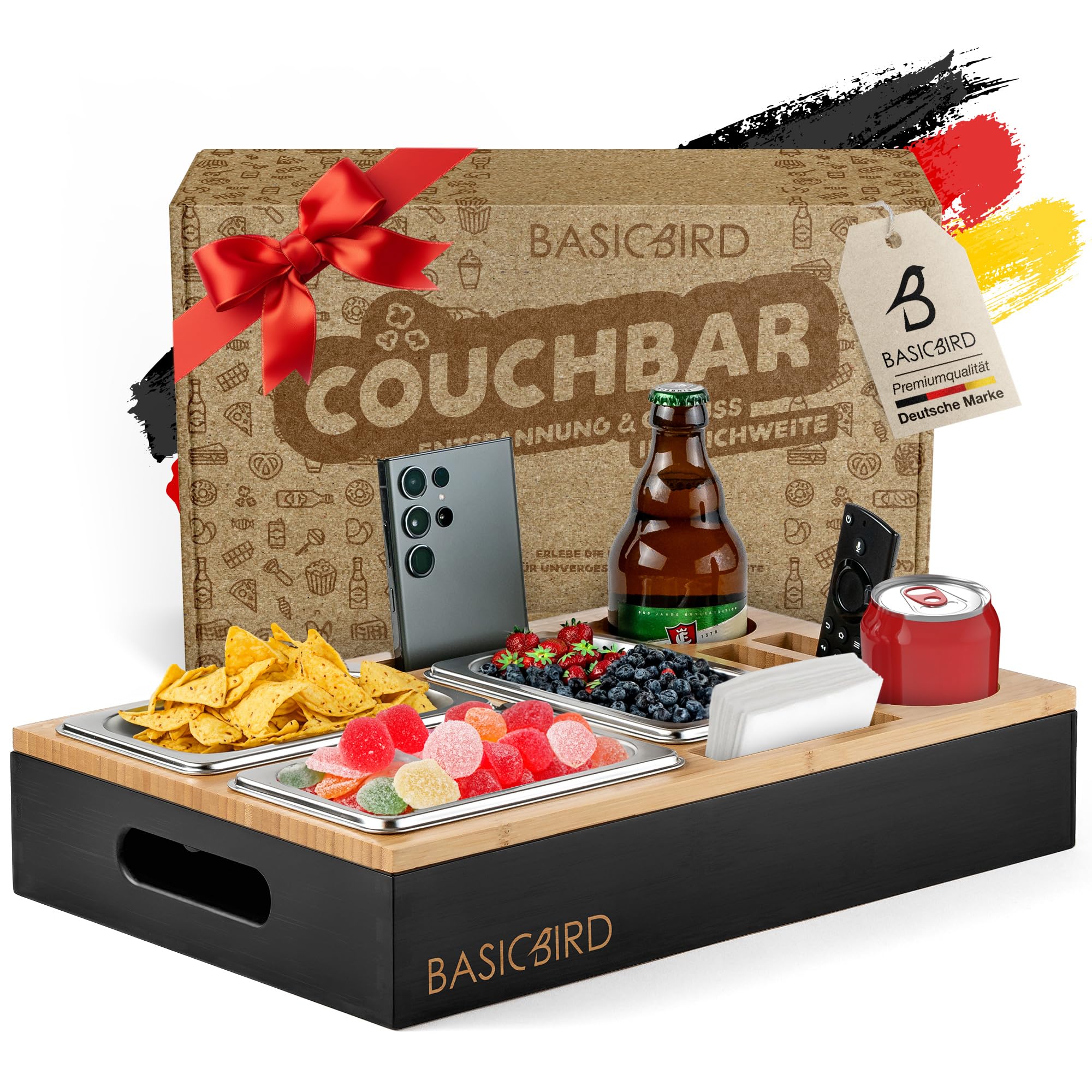 BASICBIRD® Couchbar Snackbox - Organizer Tablett- Snackspender mit 3X Snackschale - Holz Sofatablett für Sofa, Deko, Couch Bar mit Getränkehalter und Fächern – Wohnmobilausstattung (Black Body)