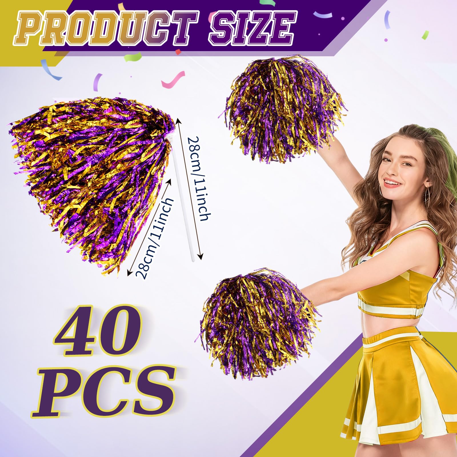 Vinsot 40 szt. pompony cheerleaderek luzem, metaliczna folia, szkolne, pompony z plastikowym długim uchwytem, do piłki nożnej, koszykówki, sportu, drużyny tanecznej, drużyny, uroczystości, 40 szt