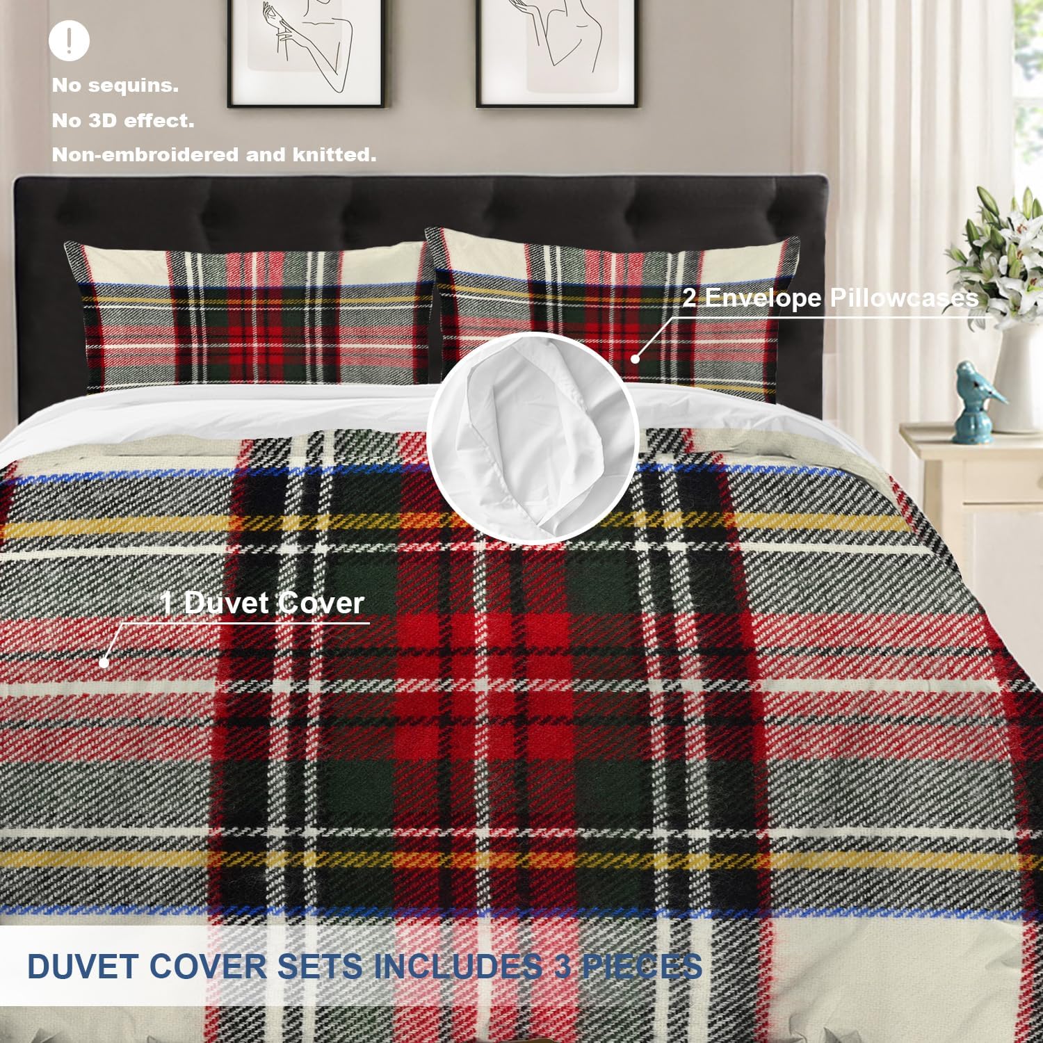 Batmerry Scottish Tartan King Size 3 Pieces Bedding Duvet Cover Sets, Soft Fluffy Green Wool Plaid Symmetric Square Fashion 100% Cotton Printed Duvet Cover for All Season