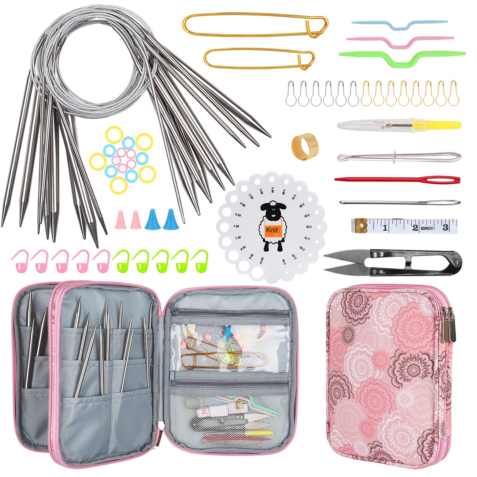 Aeelike Circular Knitting Needles Set 80cm, Metal Circular Needles for Knitting, Long Cable Round Needles Set with Case, Double Pointed Needles Circular Knitting Pins, Knitting Starter Kit for Adults