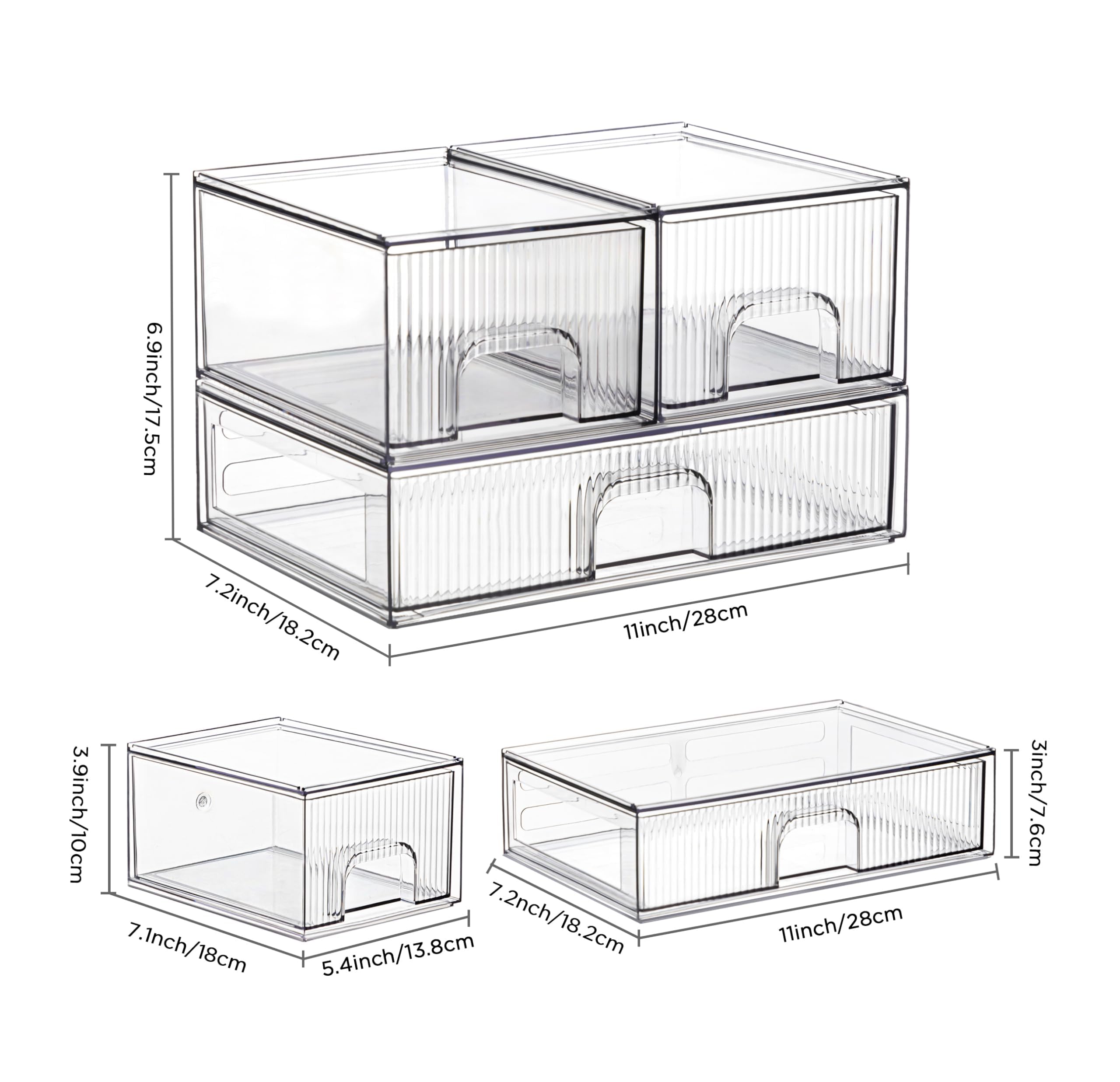 Vorey Clear Stackable Desk Storage Drawers, 3 Pack Acrylic Bathroom Makeup Organizers, Easily Assemble All Purpose Plastic Bins for Brightroom, Pantry Organization, Vanity, Undersink, Cabinet