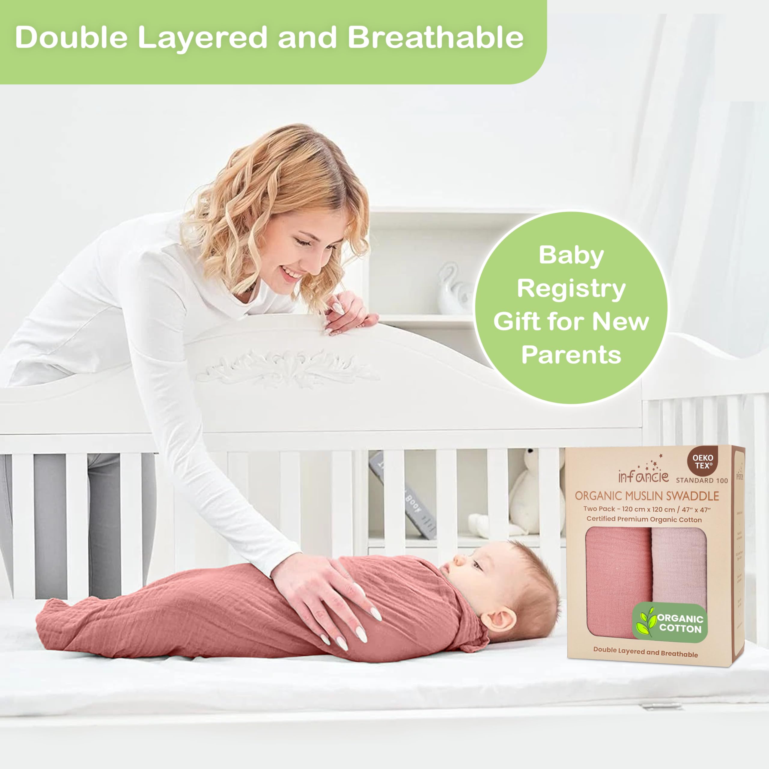 infancie Organic Cotton Baby Muslin Blanket, Breathable - Image 2