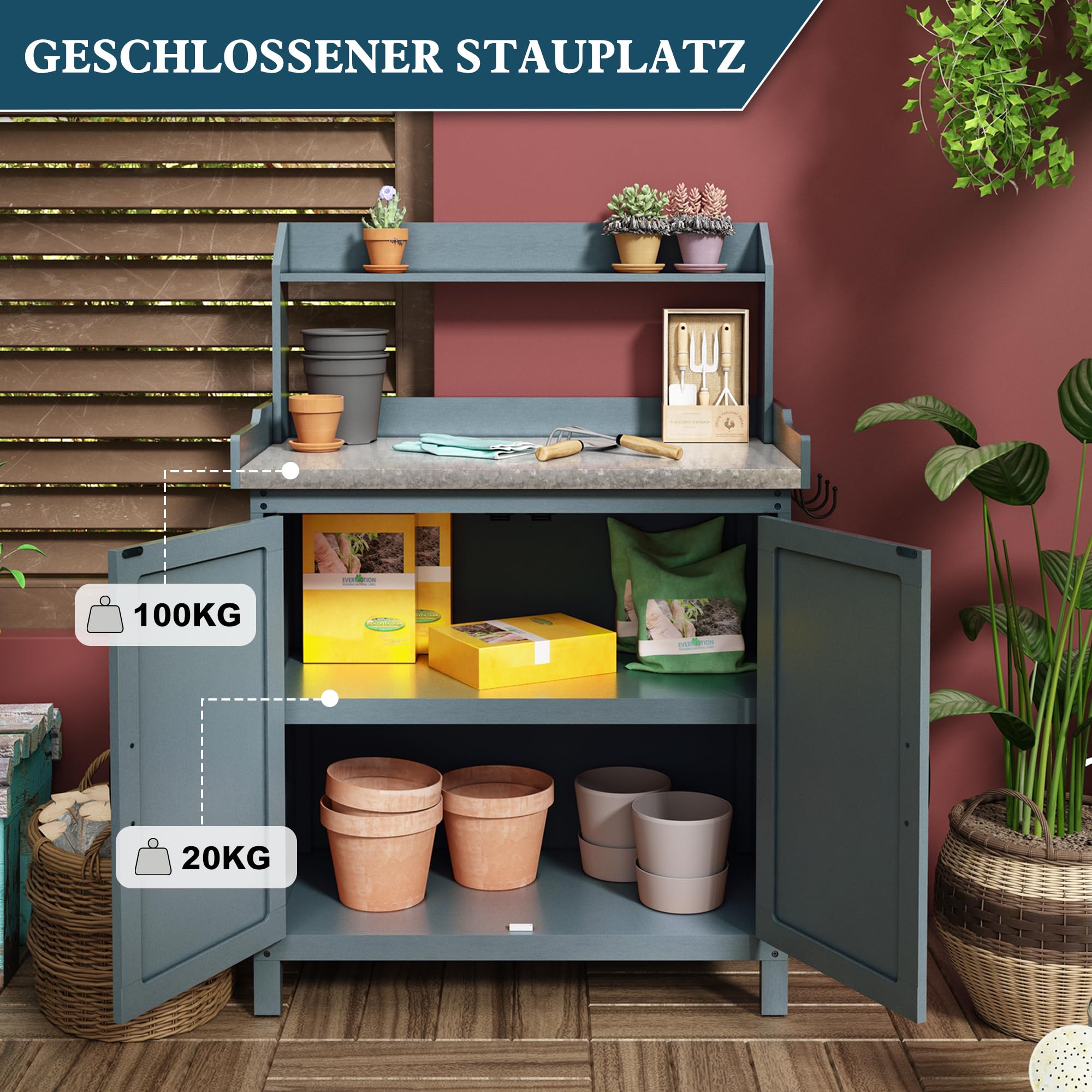 HOLTICO Outdoor Pflanztisch, Massivholz Gartenpflanztisch mit Metall-Arbeitsplatte und Stauraum, Gartenarbeitstisch mit Stauraum, Pflanz-Arbeitstisch für Garten, Terrasse, Hinterhof, Blau