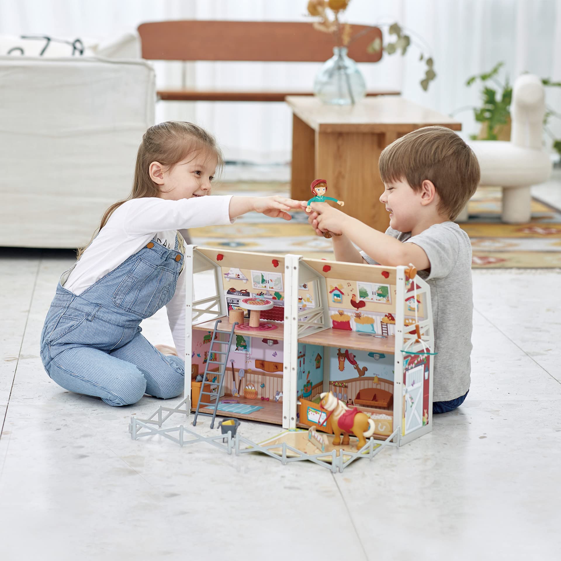 Hape Ranch Pony Club - Casa delle bambole compatta con scuderia richiudibile per gioco di ruolo a tema cavalli dai 3 anni