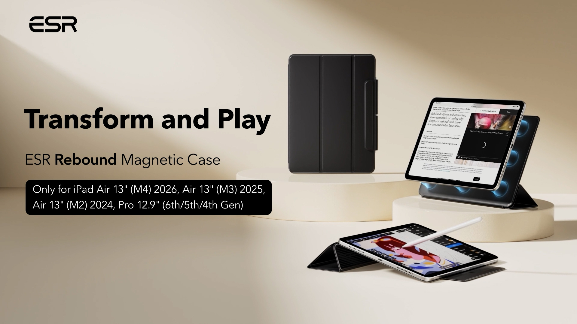 ESR Shift Magnetic iPad Air 13 M2 ケース Black Shift Magnetic iPad Air 13-inch Cover with stylus holder (M2