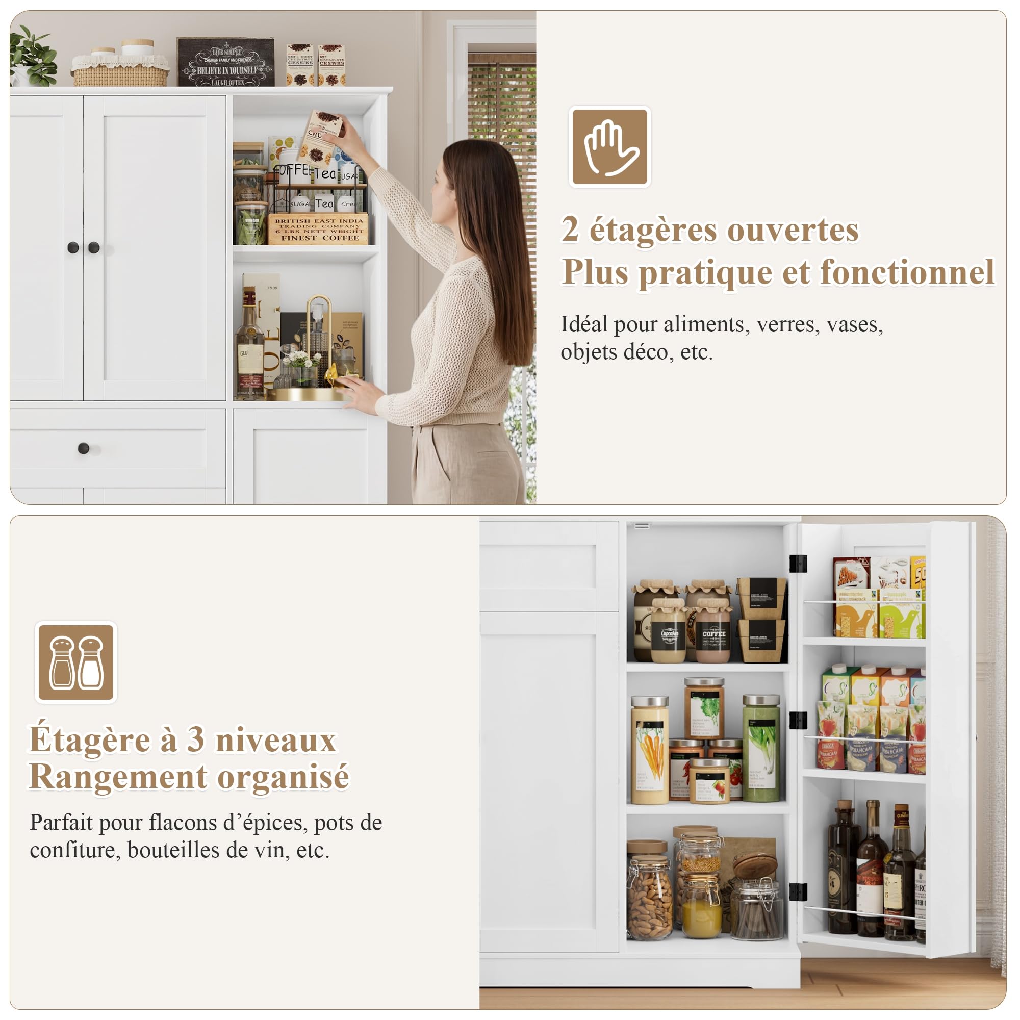 FirFurd Buffet Haut Cuisine Meuble Rangement Vaisselier avec 5 Portes Blanc | 104x40x173cm, Porte avec étagère à épices, Armoire meuble cuisine avec 13 étagères, 1 tiroir, Pour salle à manger, salon