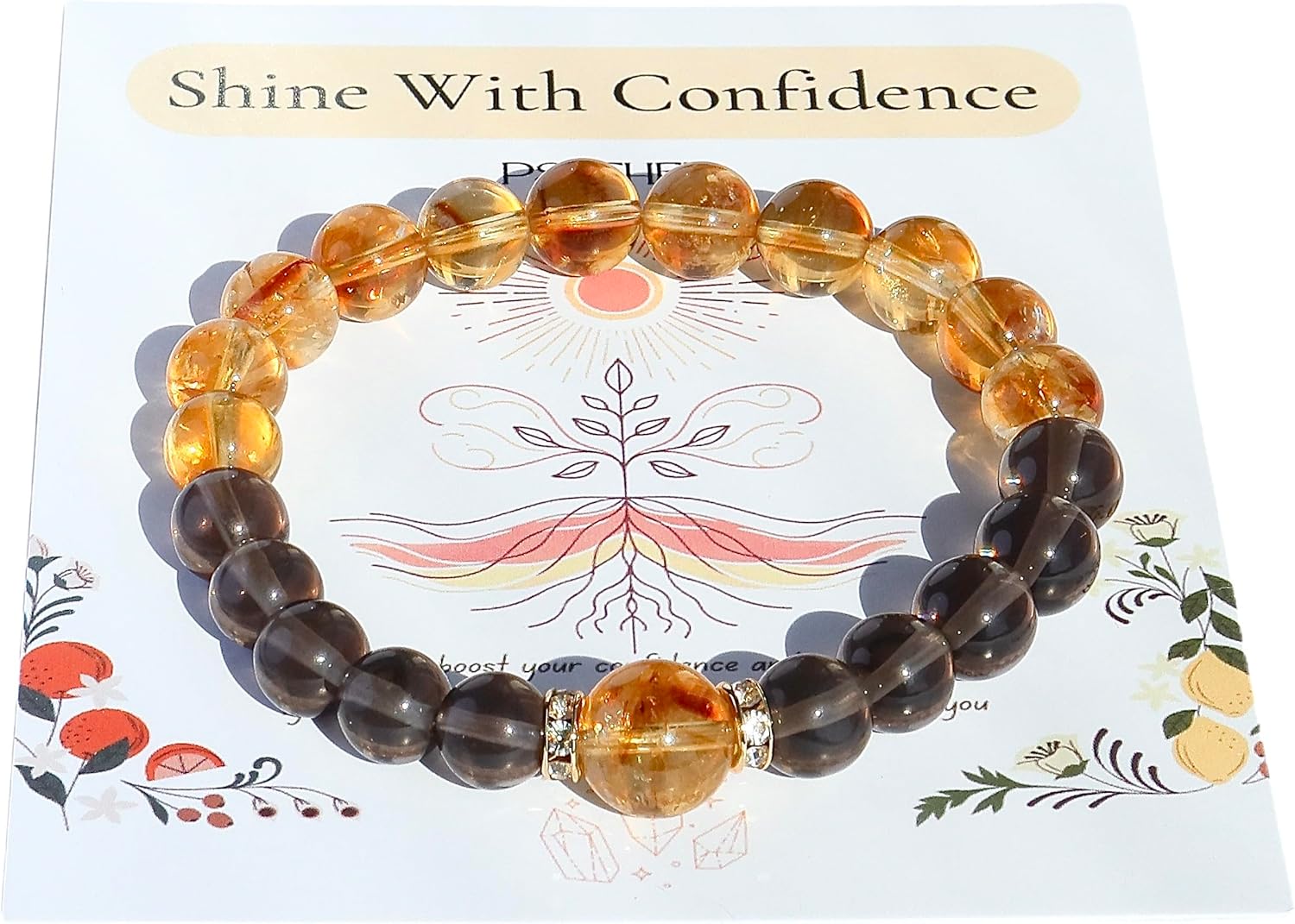 Handmade Genuine Citrine&Smoky Quartz Beads Bracelet, ABUNDANCE GROUNDING STONE Healing Crystals Birthstone Chakra Adjustable Stretch Bangle Cuff Jewelry Gift for Women Men