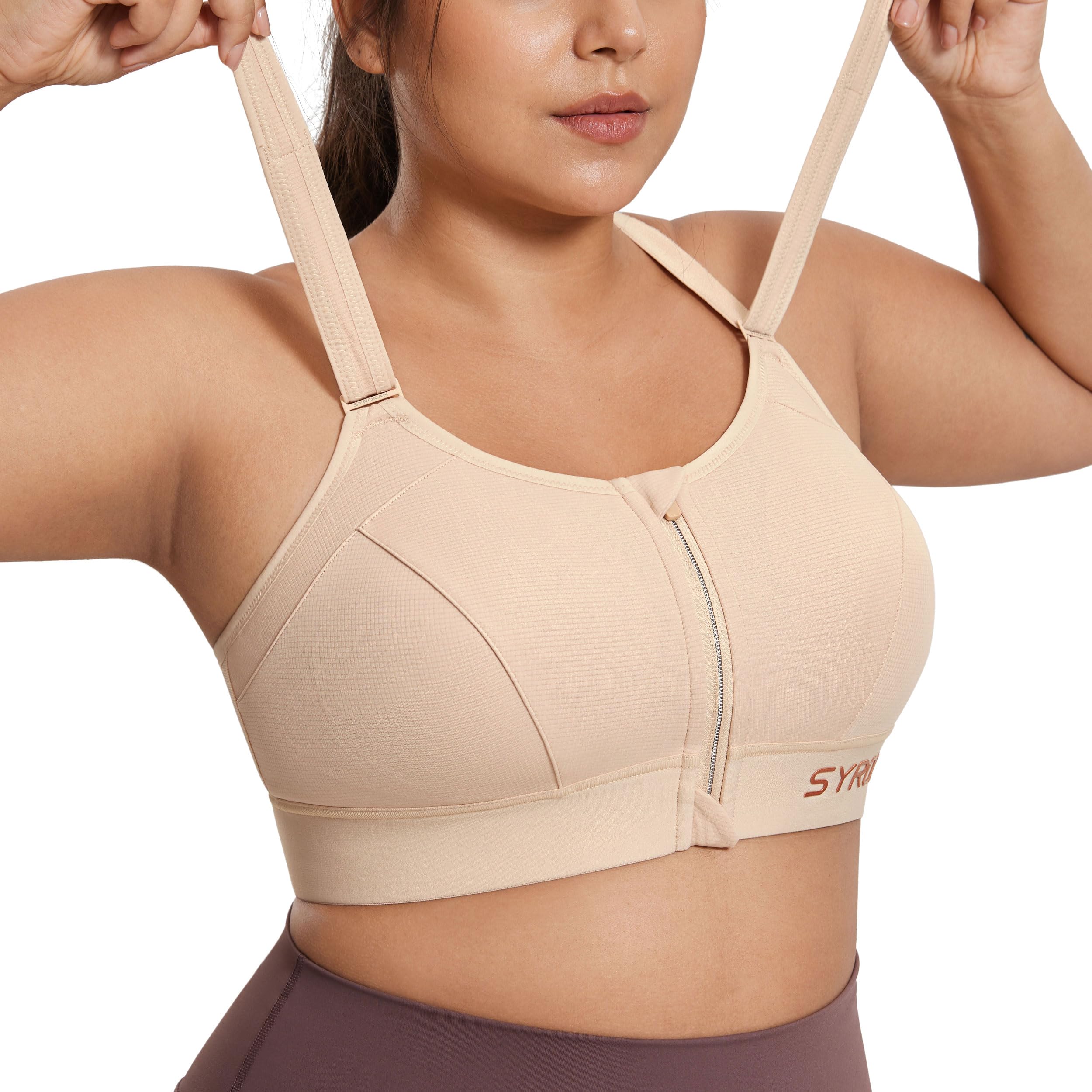 SYROKAN Reggiseno Sportivo Donna Senza Ferretto Ad Alto Impatto Imbottito Zip Frontale Velcro Racerback Taglie Forti