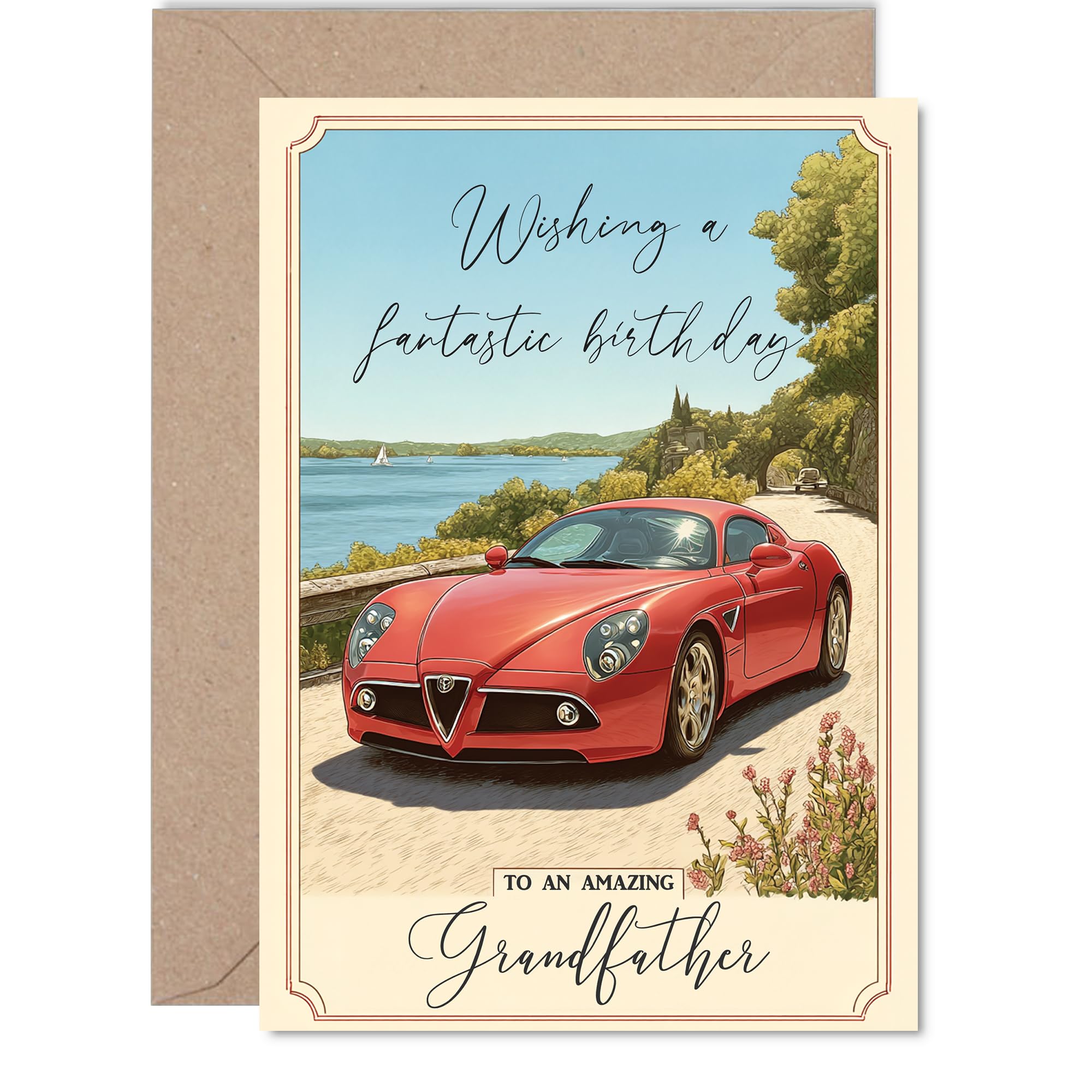 Grandfather Birthday Card - Red Sports Car - Happy Birthday Card for Grandfather from Grandson Granddaughter, 5x7 Inch Countryside Landscape Bday Greeting Cards