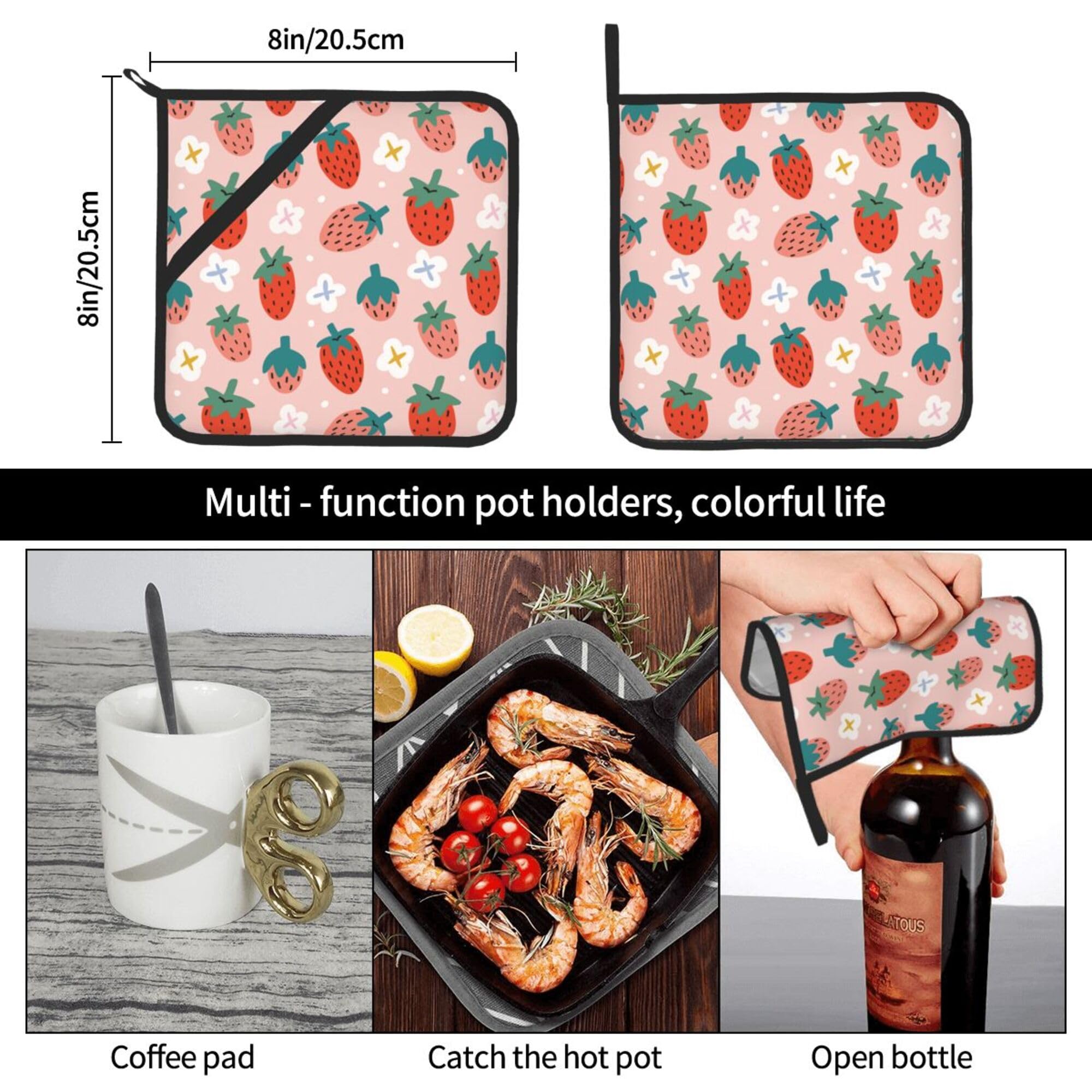 Lot de 4 maniques et maniques en silicone résistant à la chaleur et antidérapants pour cuisine, cuisine, grillades et micro-ondes Motif fraises