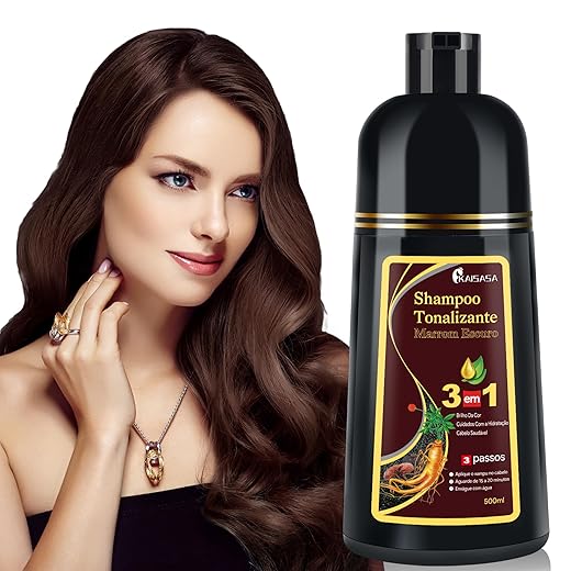 Shampoo Colorante 3 em 1 KAISASA, Marrom Escuro, 500ml, com Óleo de Argan e Azeite, Cobertura de Grisalhos