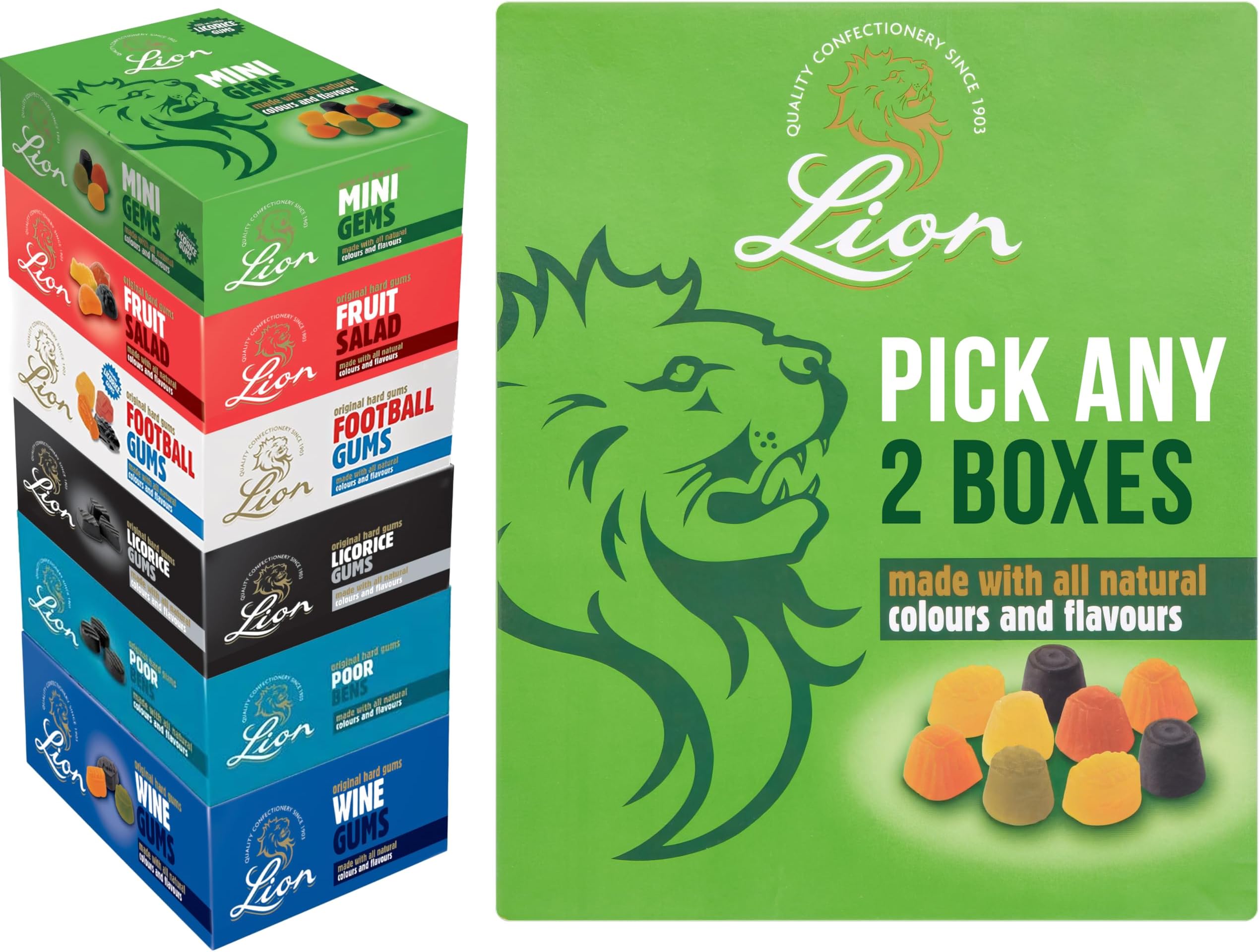 Lion 2kg Boxes Pick Any 2, You Choose the Ones You Want; Lion Mini Gems (formerly Midget Gems), Football Gums, Licorice Gums, Wine Gums, Fruit Salad And Poor Bens