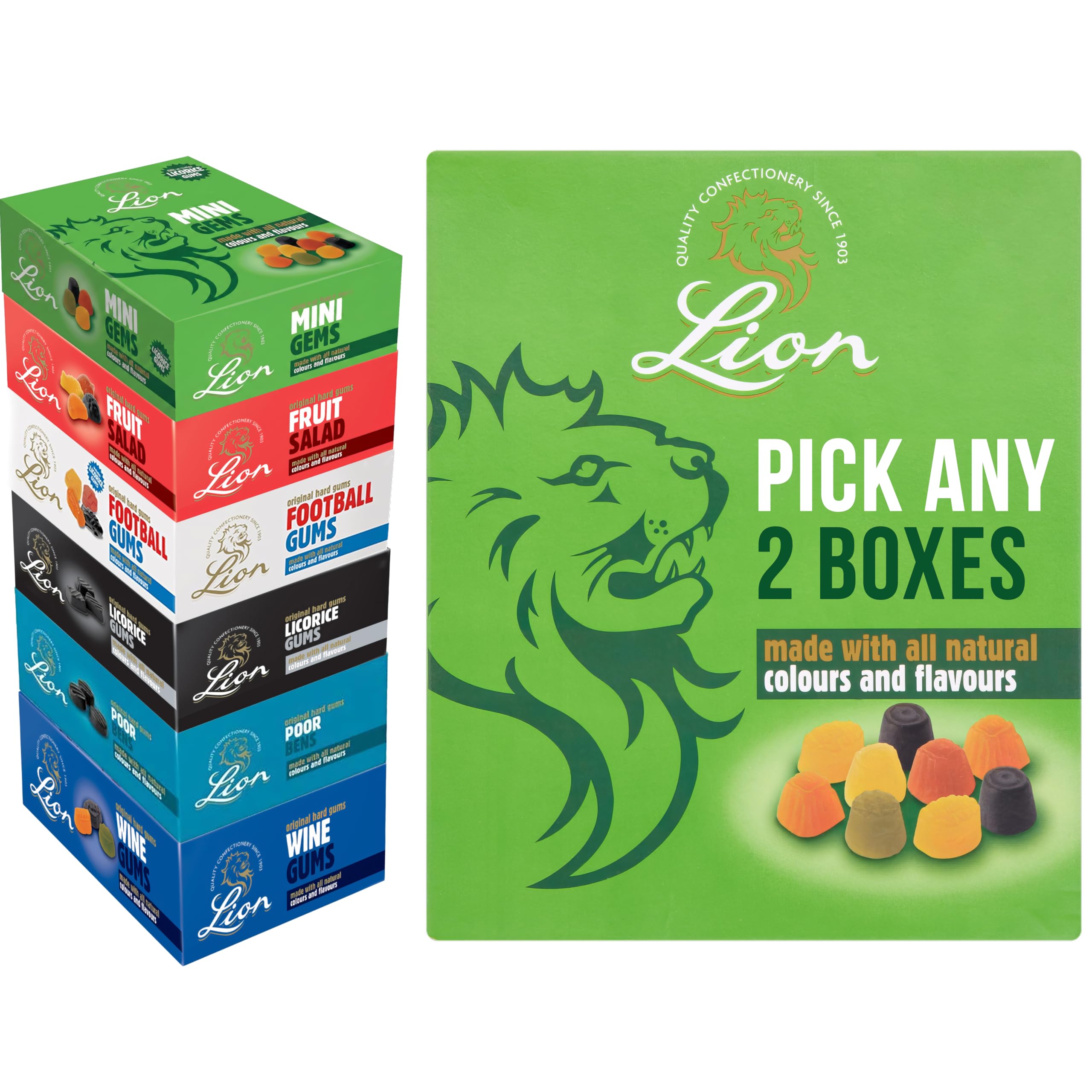 Lion 2kg Boxes Pick Any 2, You Choose the Ones You Want; Lion Mini Gems (formerly Midget Gems), Football Gums, Licorice Gums, Wine Gums, Fruit Salad And Poor Bens