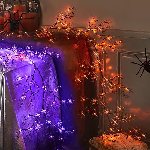 Miniatura 1 de Fudios Guirnalda de Halloween iluminada con 120 luces LED naranjas y moradas para manto, guirnalda negra de Halloween con luces, 8 funciones,