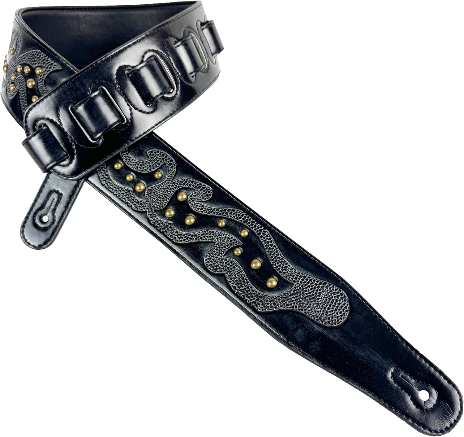 Walker & Williams GE-217 Midnight Blue Handmade Padded Leather Guitar Strap with Celtic Tooling and Brass Studs For Electric, Acoustic, And Bass Guitars