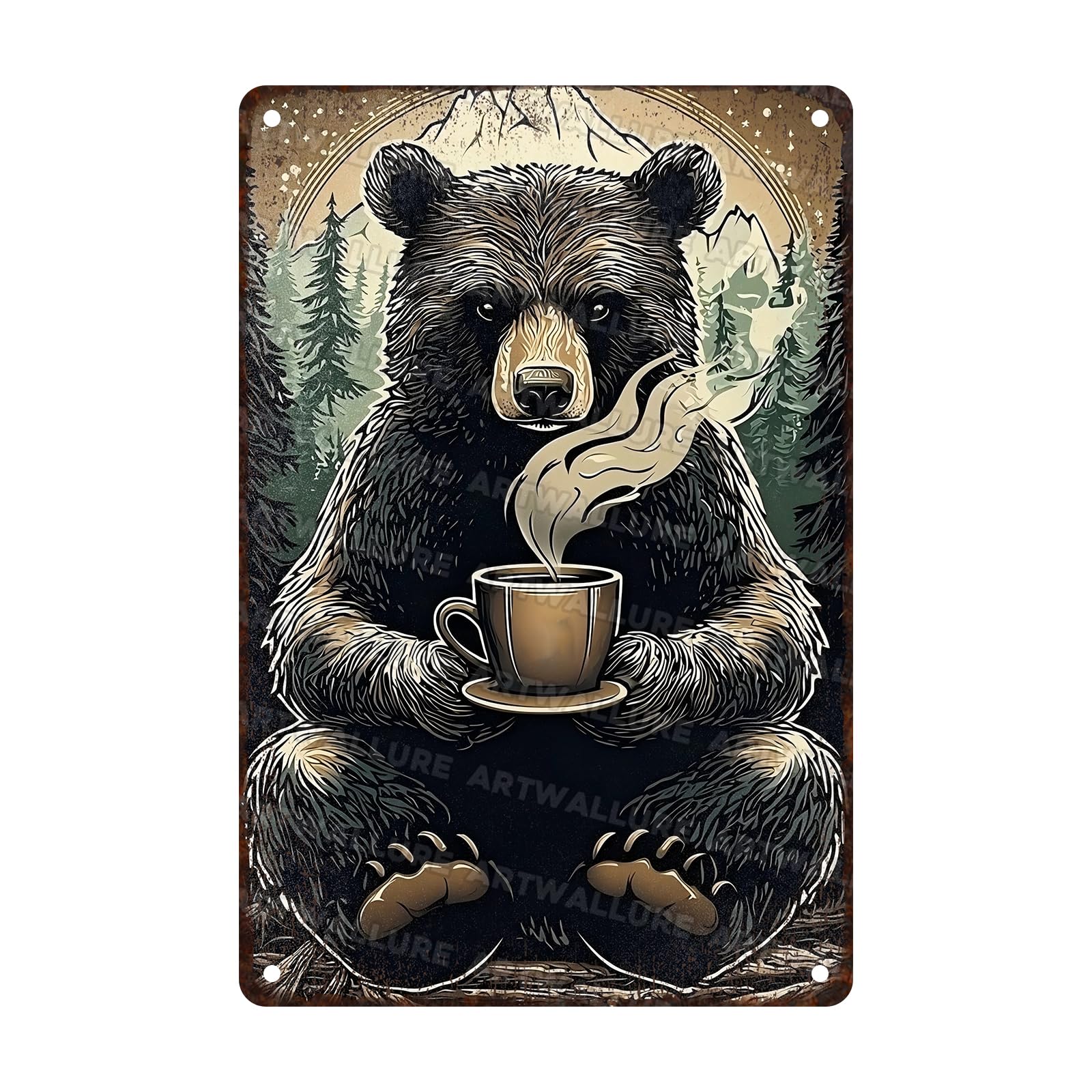 ARTWALLURE Bear Vintage Tin Sign Morning Brew in the Wild Wall Art Bear Coffee Metal Tin Sign for Cozy Cabin Decor for Kitchen Living for Wilderness