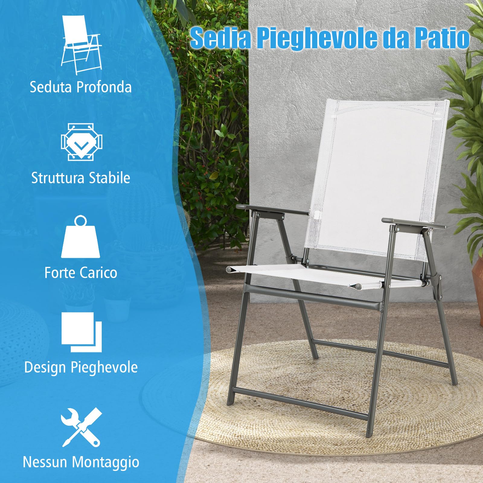 COSTWAY Set di 2/4 Sedie Pieghevoli da Giardino in Textilene, Sedie da Esterno con Schienale Alto, Poltrona Portatile per Giardino Campeggio Patio, Portata 150 kg (4, Bianco, 62 x 58 x 96 cm)
