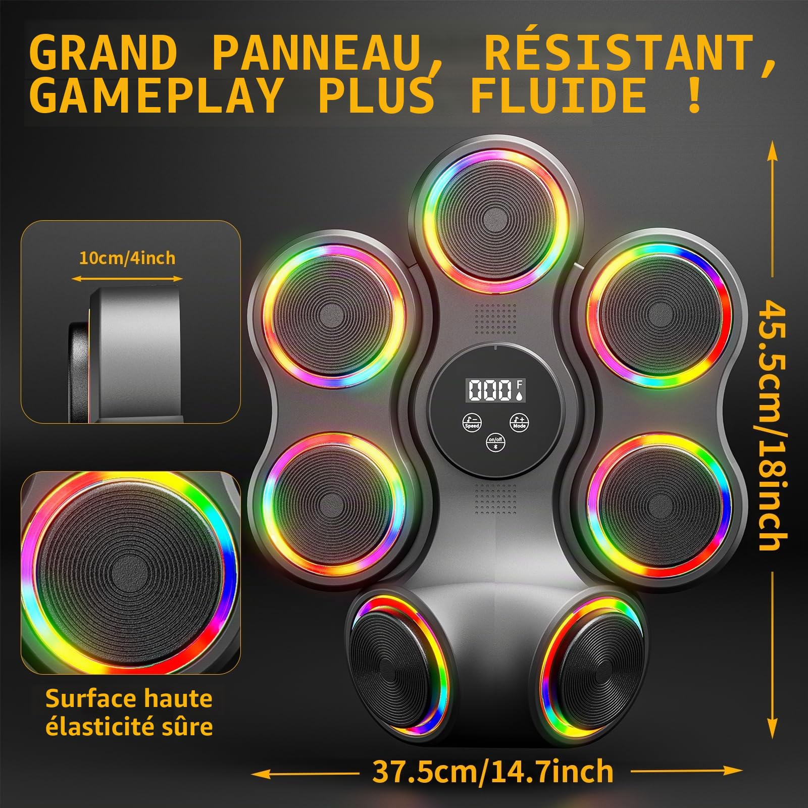 Machine de boxe musicale avec gants de boxe, entraîneur de boxe Bluetooth intelligent, machine de montage mural pour adultes et enfants, cible de boxe électronique pour la maison, le bureau, la salle